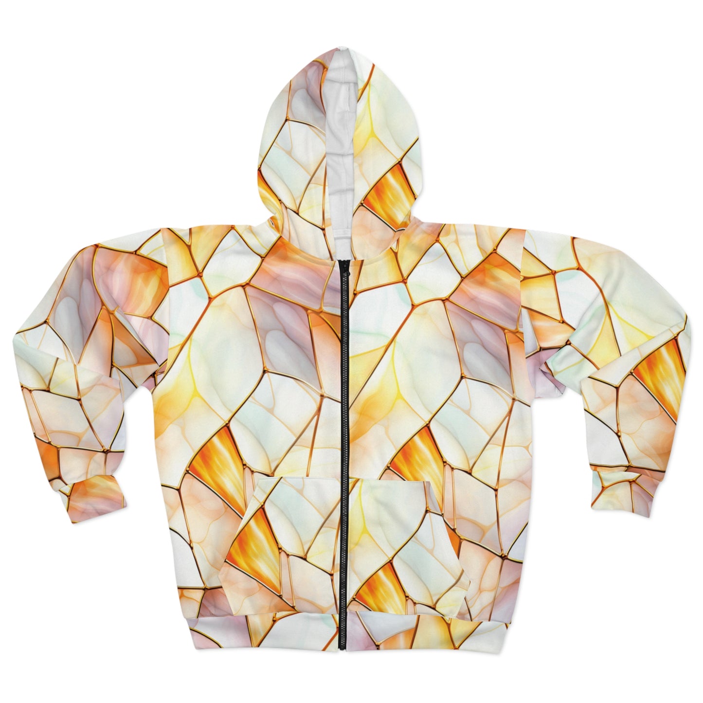 Stained Glass Unisex Zip Hoodie, Artistic Layered Zip-Up, Cozy Fashion, Unique Gift, Vibrant Design, Everyday Wear, Warm Essentials