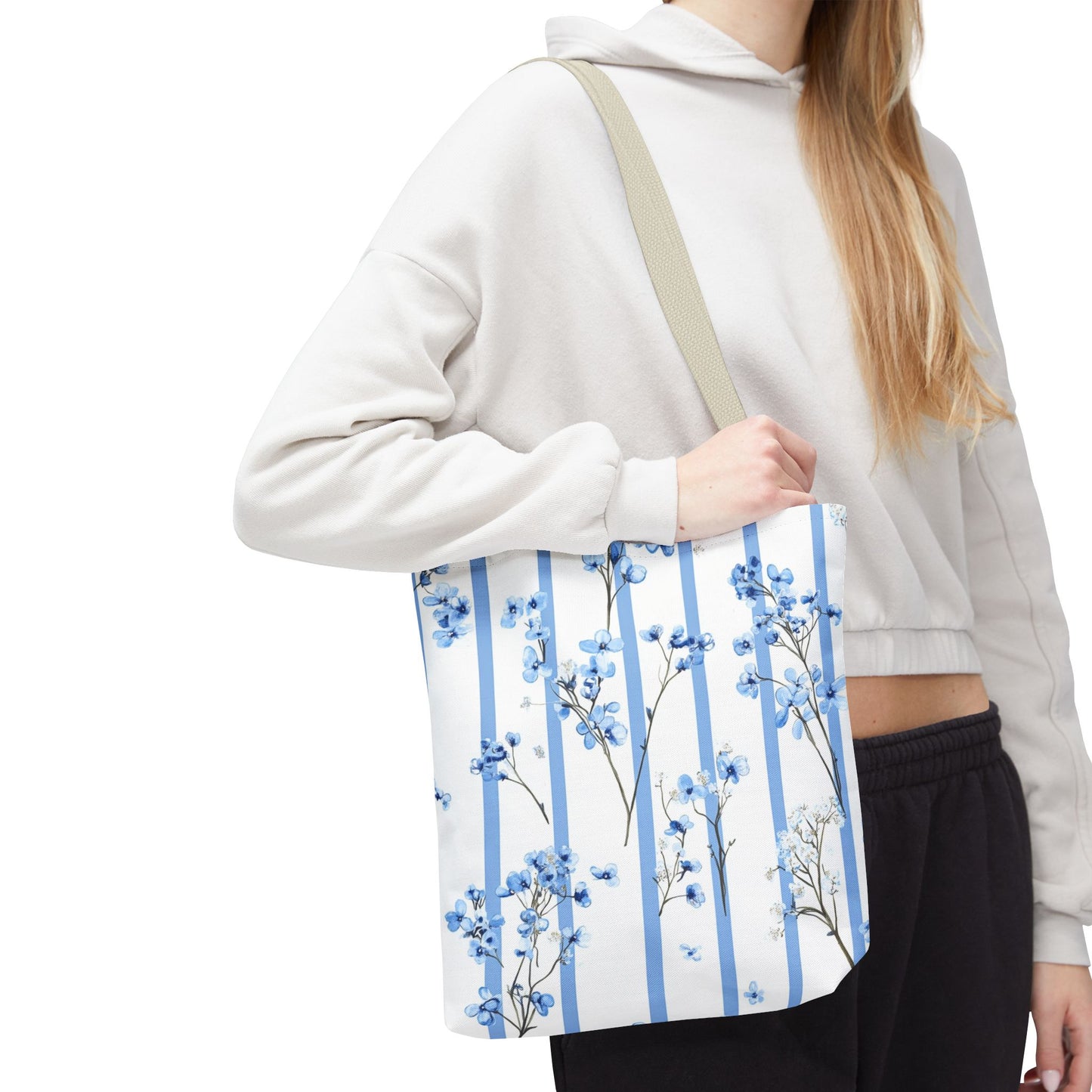 Floral Blue Striped Tote Bag - Stylish Beach Carryall, Reusable Grocery Tote, Gift for Her, Spring Floral Bag, Everyday Handbag