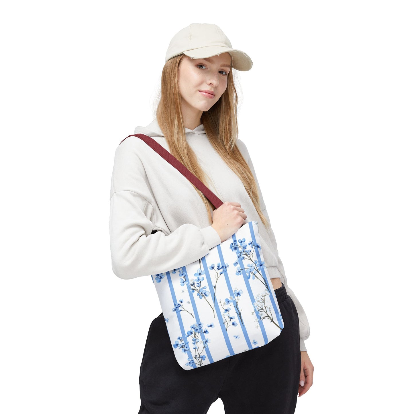 Floral Blue Striped Tote Bag - Stylish Beach Carryall, Reusable Grocery Tote, Gift for Her, Spring Floral Bag, Everyday Handbag