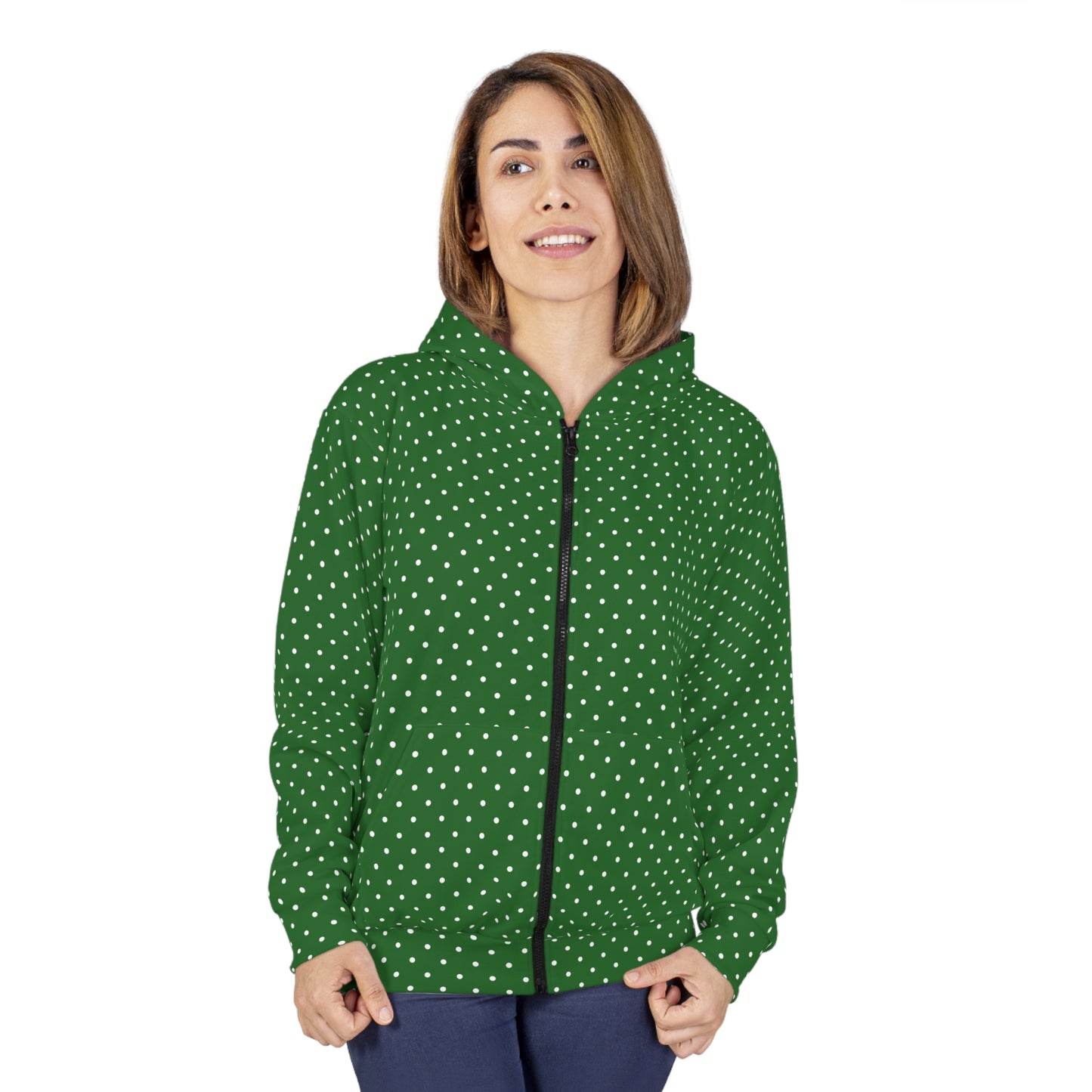 Festive Polka Dot Hoodie for Cozy Days, Unisex Zip Hoodie, Holiday Gift, Winter Wear, Casual Comfort, Celebrate in Style