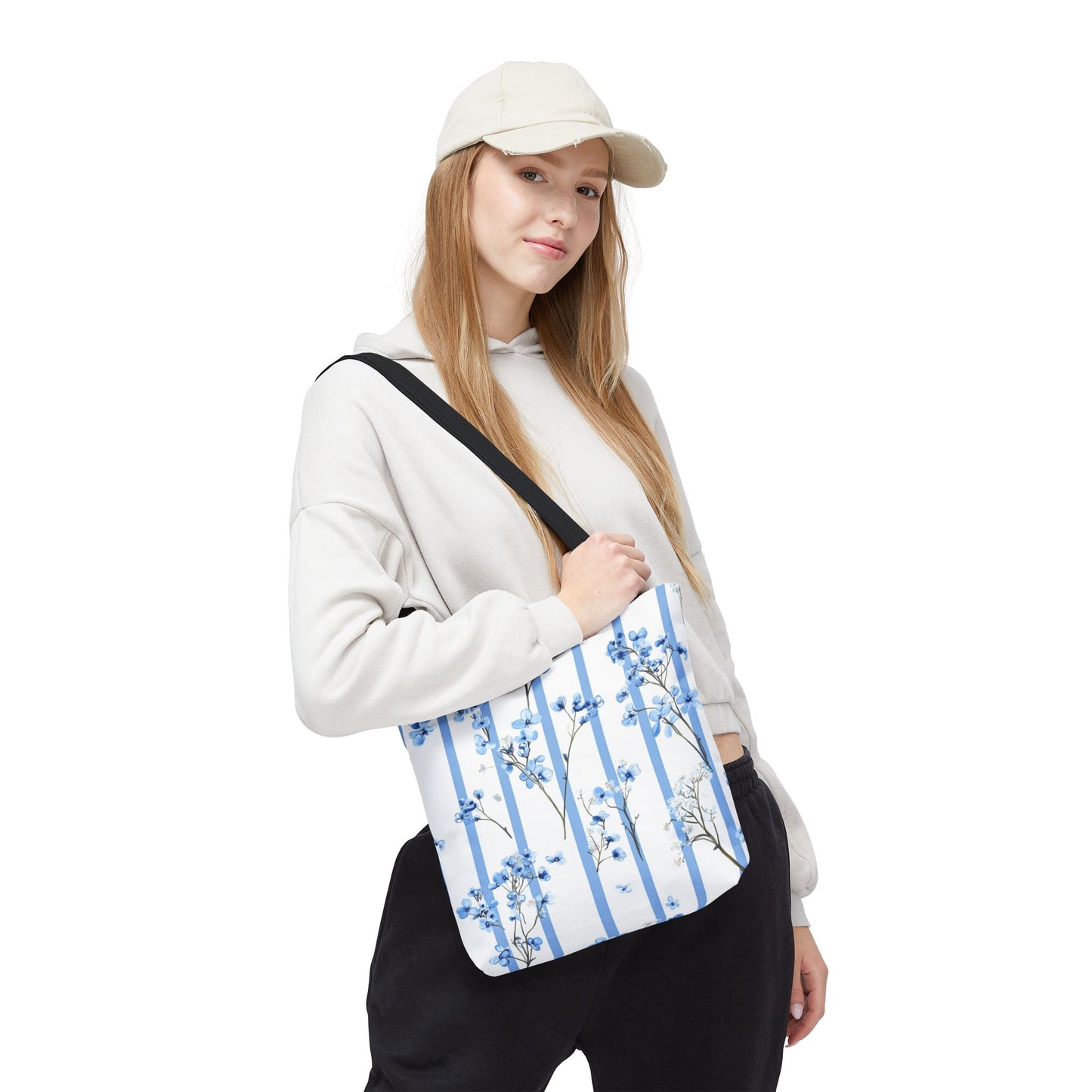 Floral Blue Striped Tote Bag - Stylish Beach Carryall, Reusable Grocery Tote, Gift for Her, Spring Floral Bag, Everyday Handbag