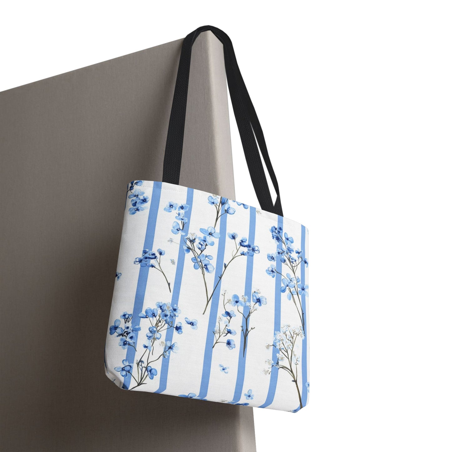 Floral Blue Striped Tote Bag - Stylish Beach Carryall, Reusable Grocery Tote, Gift for Her, Spring Floral Bag, Everyday Handbag