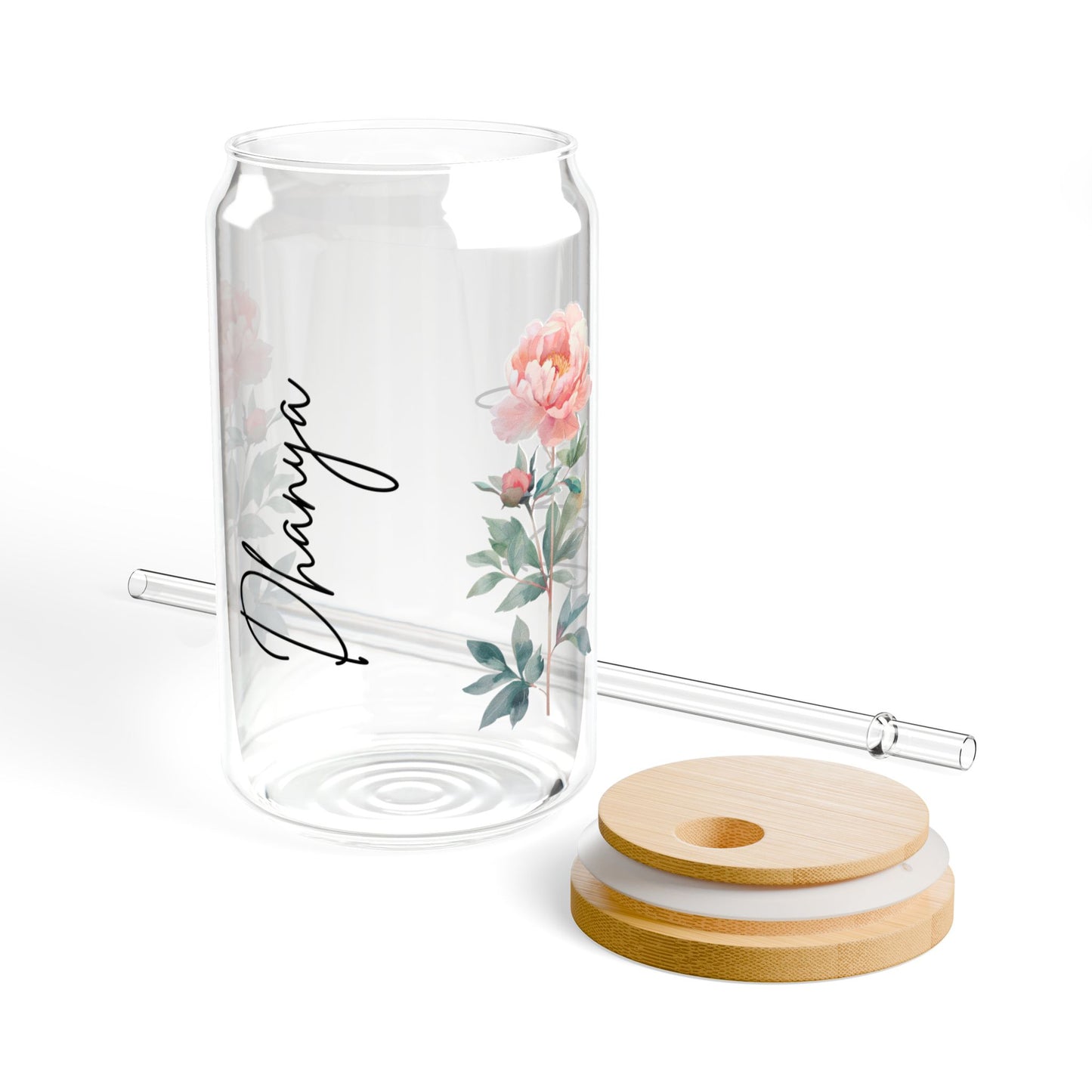 Floral Sipper Glass, Personalized Drinkware, 16oz Mason Jar, Elegant Floral Design, Eco-Friendly Straw, Perfect for Gift or Home