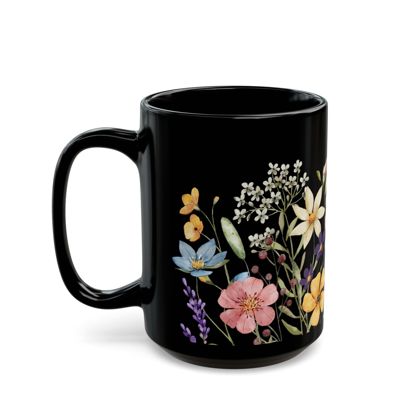 Floral Black Coffee Mug, Beautiful Flower Design, Gift for Plant Lovers, Eco-Friendly Mug, Perfect for Mother's Day, Birthday, Home Decor