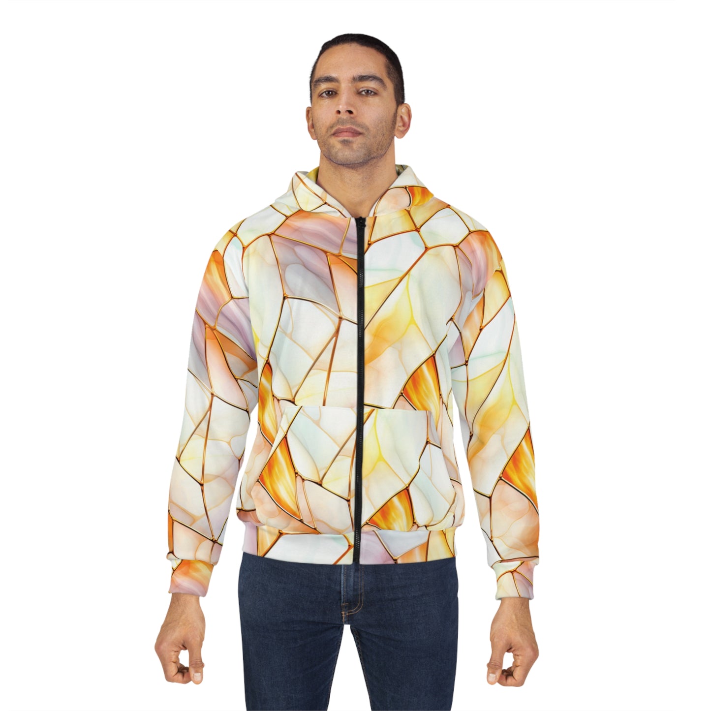Stained Glass Unisex Zip Hoodie, Artistic Layered Zip-Up, Cozy Fashion, Unique Gift, Vibrant Design, Everyday Wear, Warm Essentials