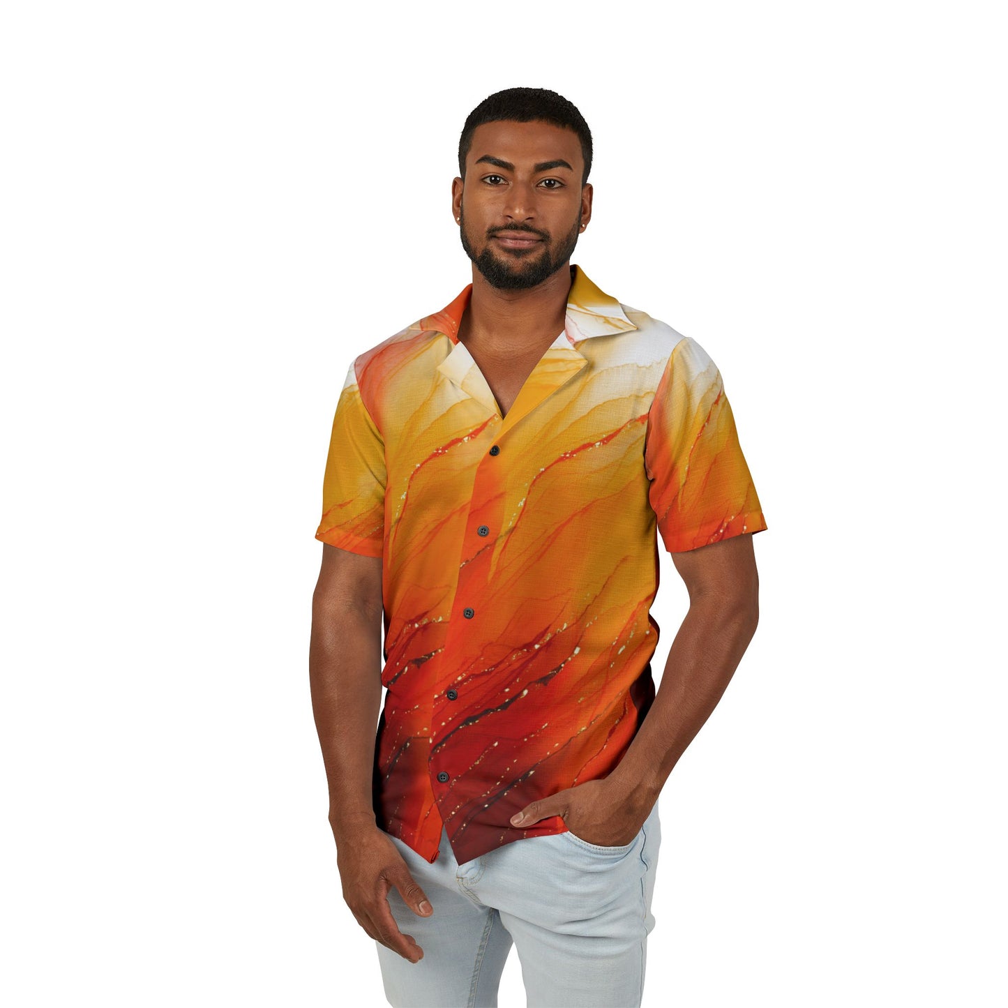 Men's Tropical Sunset Camp Shirt | Vibrant Hawaiian Shirt for Summer Parties, Beachwear, Vacation Style, Luau Attire, Relaxed Fit