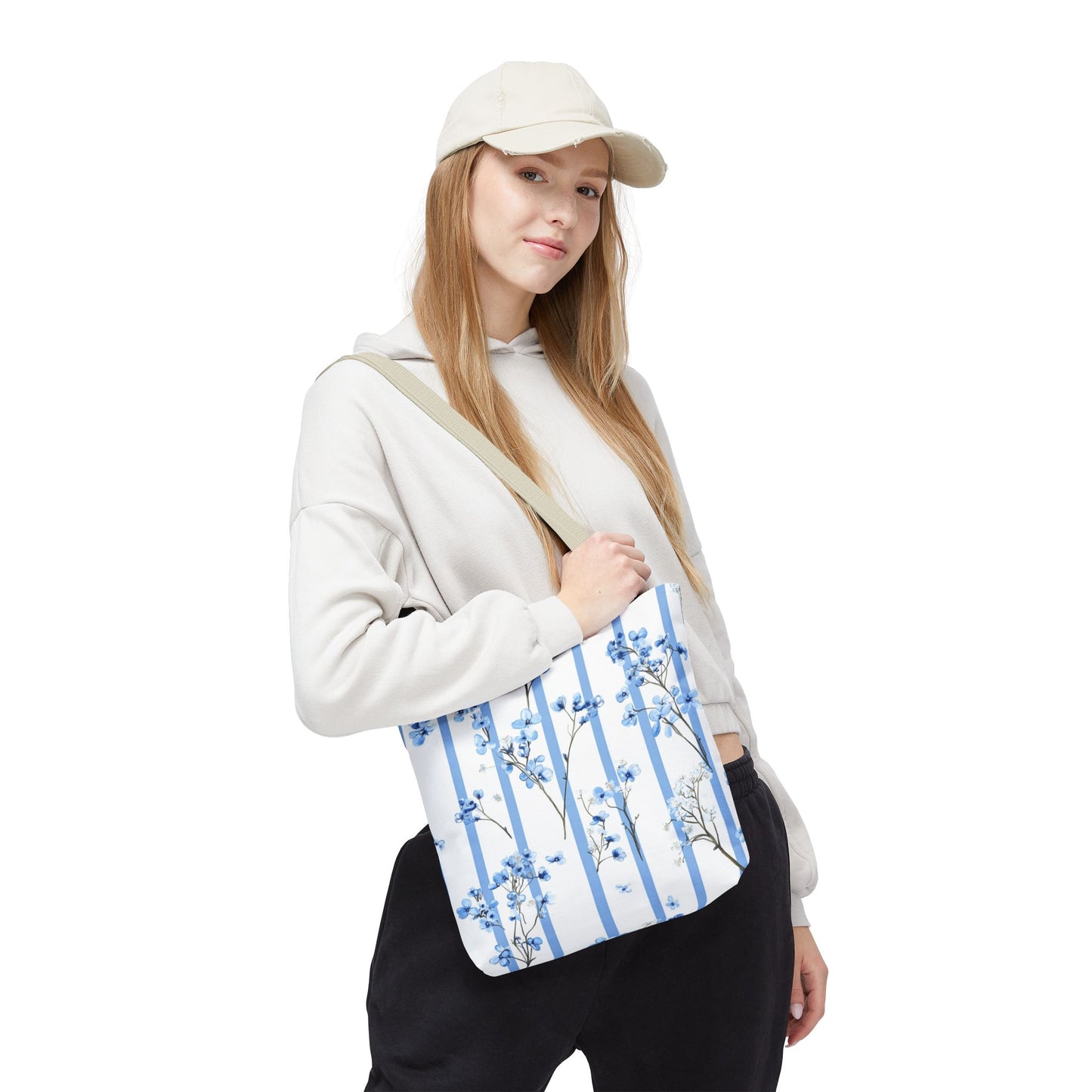 Floral Blue Striped Tote Bag - Stylish Beach Carryall, Reusable Grocery Tote, Gift for Her, Spring Floral Bag, Everyday Handbag