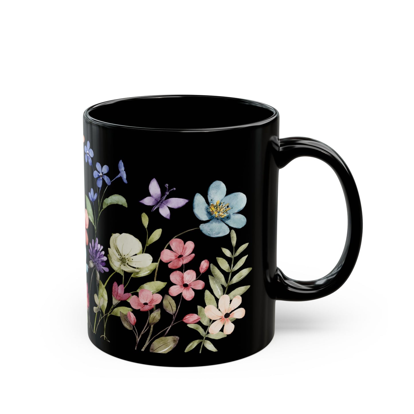 Floral Black Coffee Mug, Beautiful Flower Design, Gift for Plant Lovers, Eco-Friendly Mug, Perfect for Mother's Day, Birthday, Home Decor