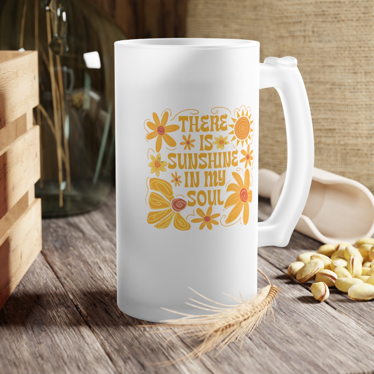 Frosted Glass Beer Mug with Sunshine and Flowers Design, Floral Beer Mug, Summer Party Drinkware, Gift for Beer Lovers, Outdoor Picnic Mug