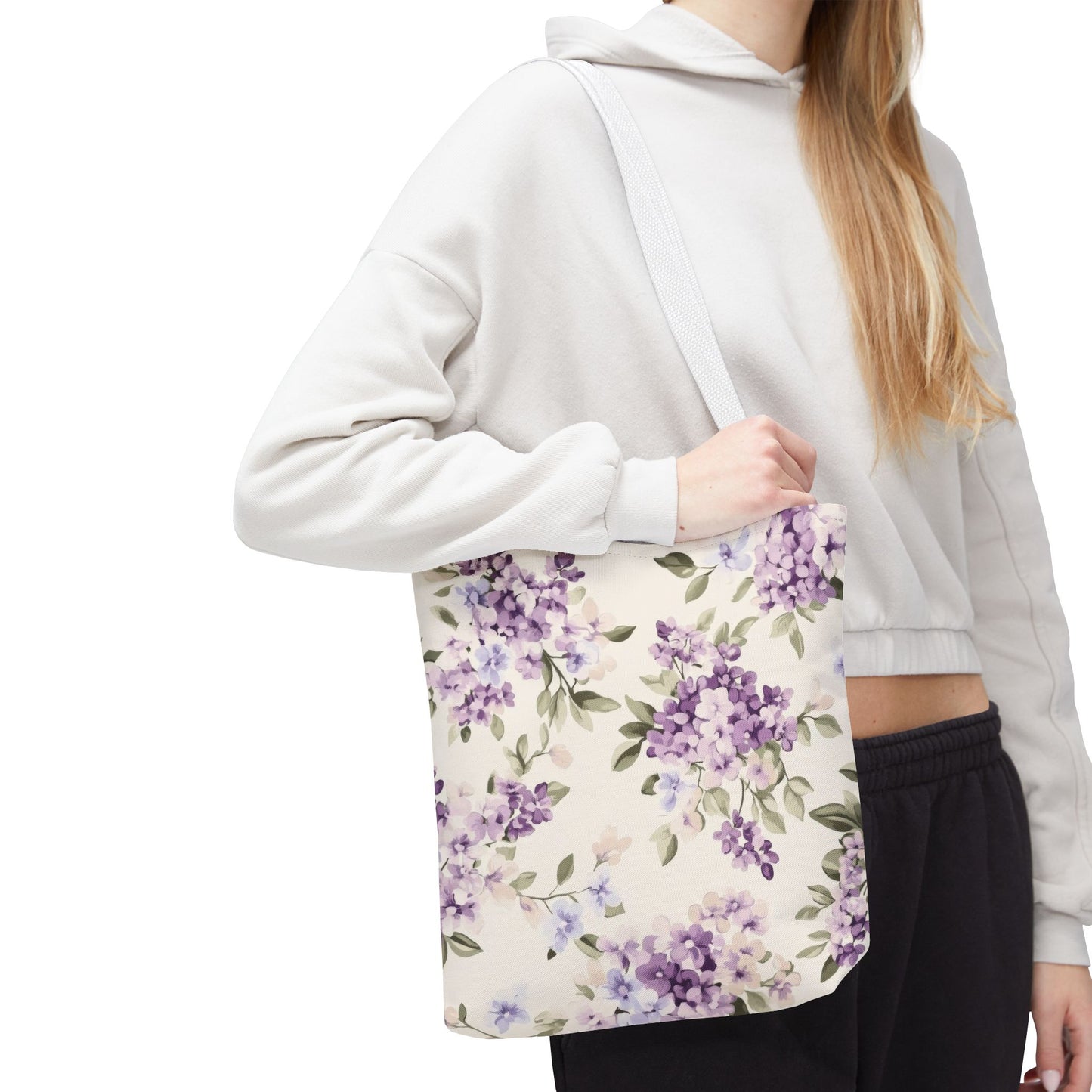 Floral Tote Bag, AOP Shopping Bag, Eco-Friendly Tote, Purple Flower Bag, Gift for Her, Reusable Market Bag, Spring Accessory