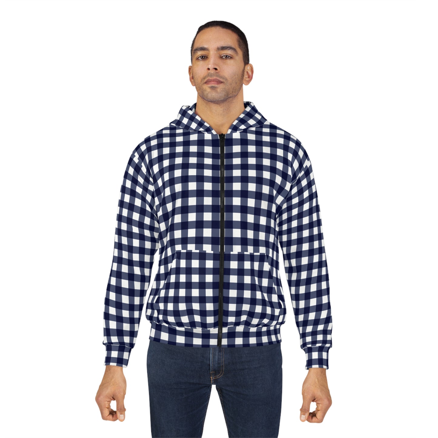 Navy Plaid Unisex Zip Hoodie - Cozy Sweatshirt, Casual Layering, Great for Fall & Winter, Perfect Gift for Friends & Family