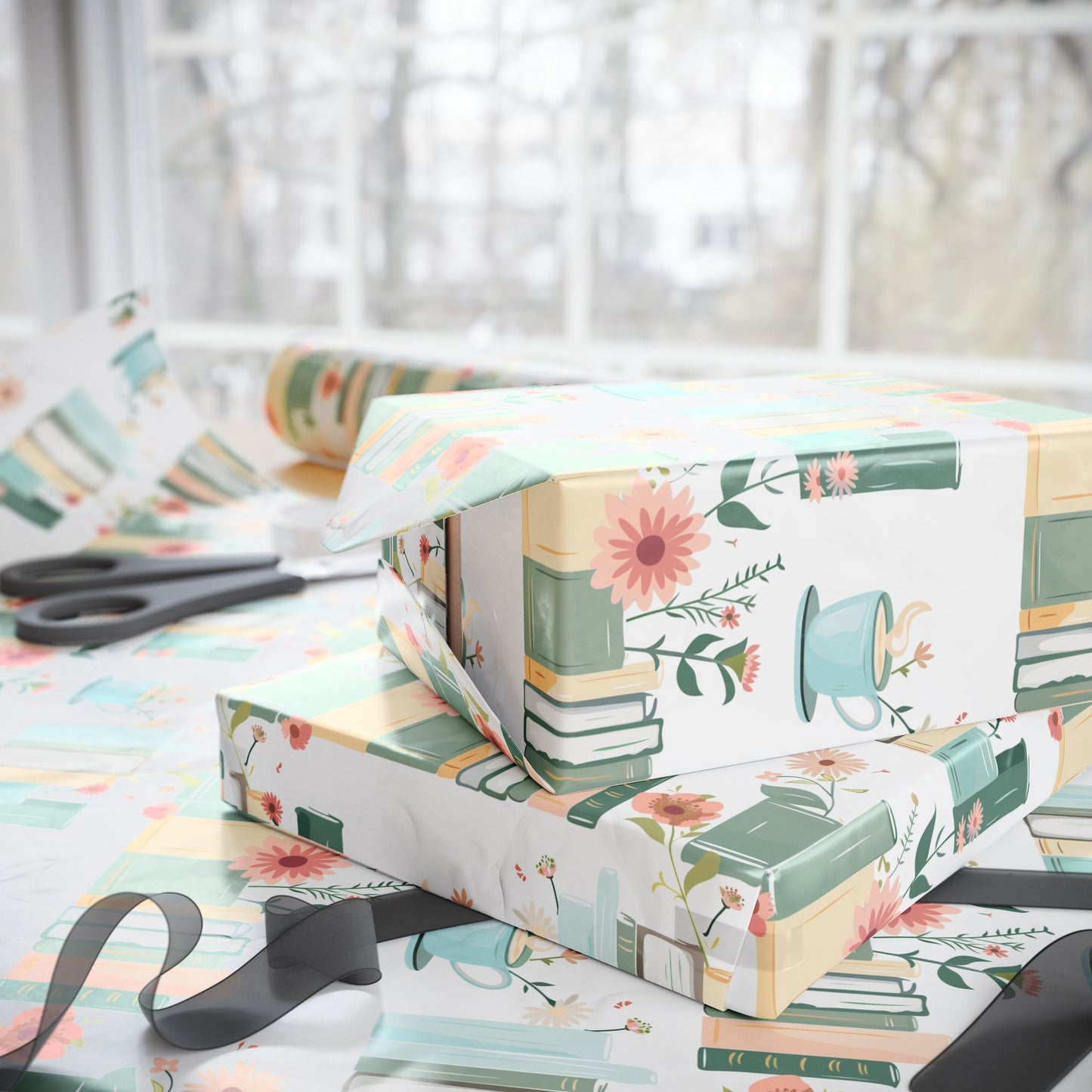 Botanical Book Themed Wrapping Paper - Book Lovers Gift Wrap, Floral Gift Paper for Birthdays, Anniversaries, Baby Showers, Literary Parties