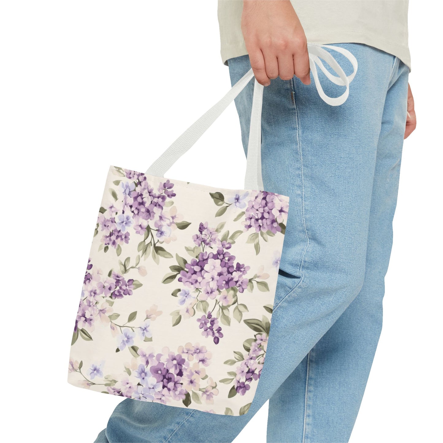 Floral Tote Bag, AOP Shopping Bag, Eco-Friendly Tote, Purple Flower Bag, Gift for Her, Reusable Market Bag, Spring Accessory
