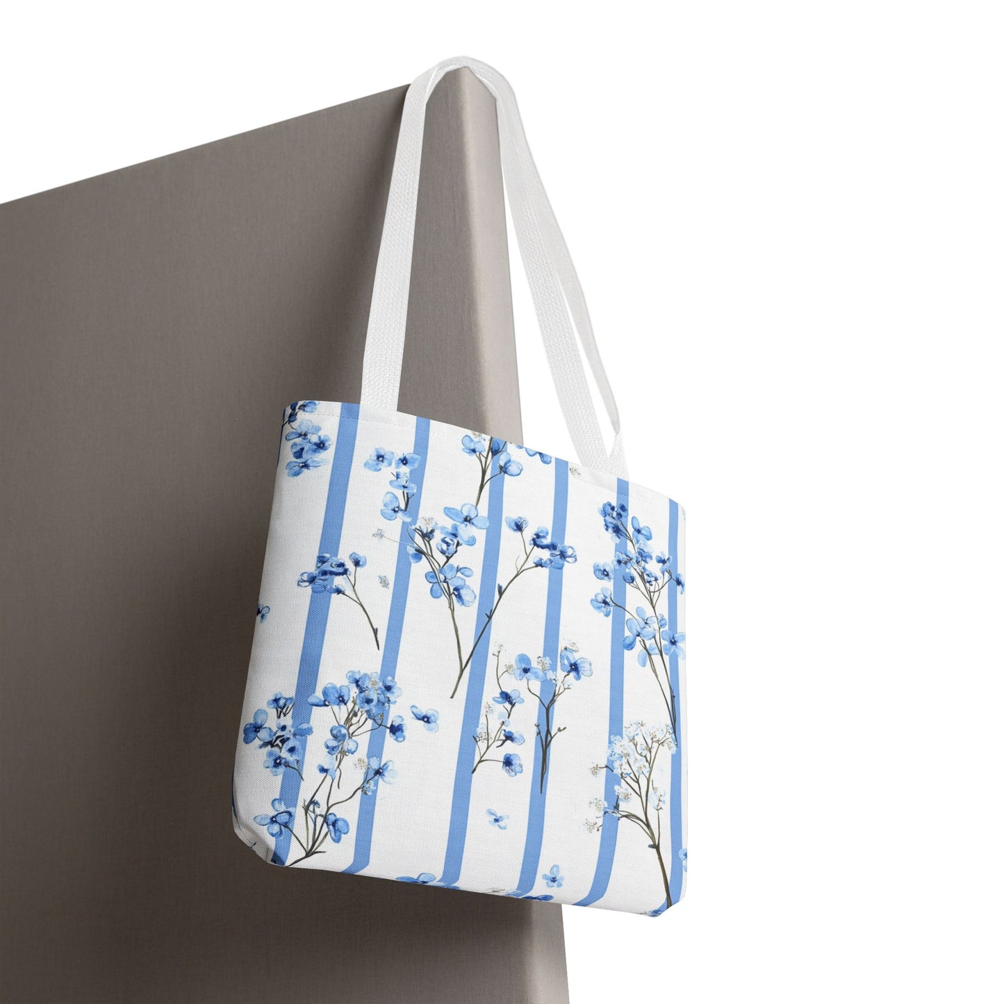 Floral Blue Striped Tote Bag - Stylish Beach Carryall, Reusable Grocery Tote, Gift for Her, Spring Floral Bag, Everyday Handbag