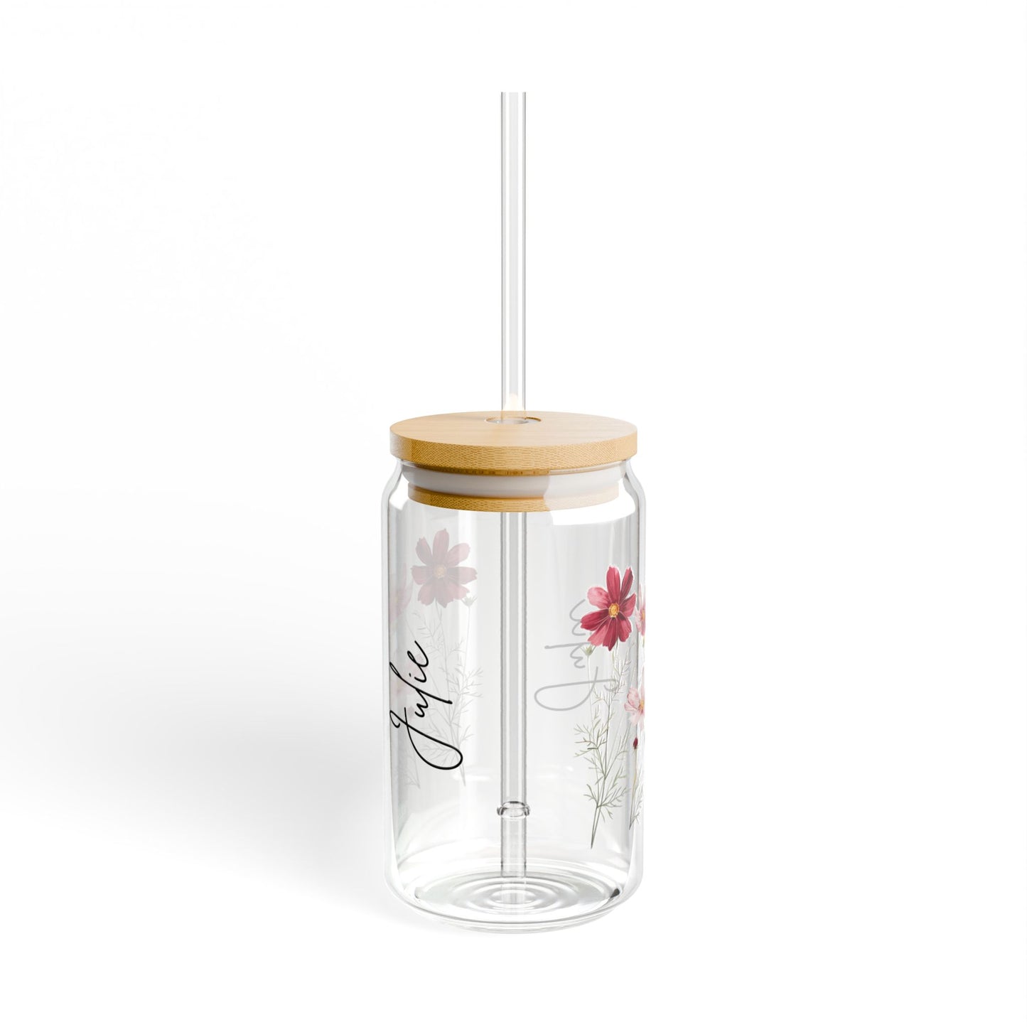 Floral Sipper Glass with Bamboo Lid, Eco-Friendly Drinkware for Summer, Personalized Beverage Jar for Gifts, Reusable Glass, Party Favor