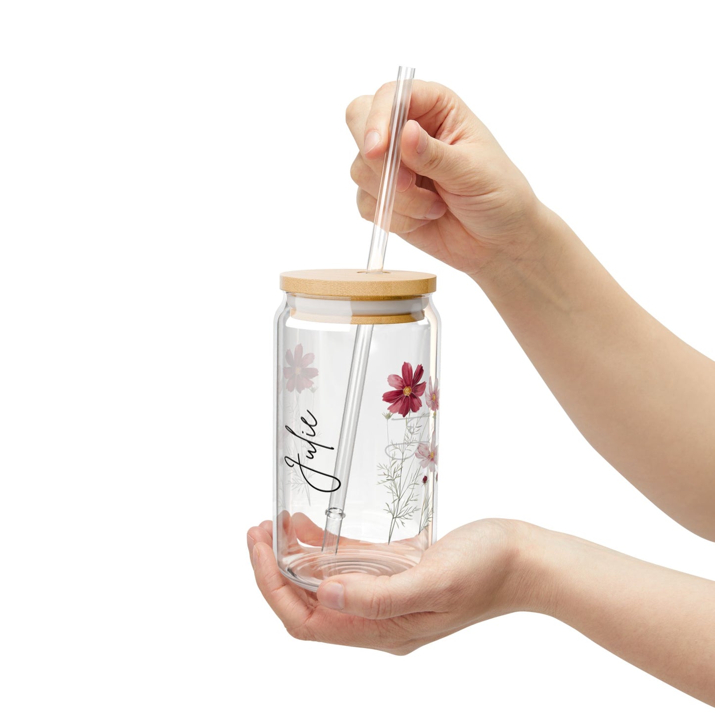 Floral Sipper Glass with Bamboo Lid, Eco-Friendly Drinkware for Summer, Personalized Beverage Jar for Gifts, Reusable Glass, Party Favor