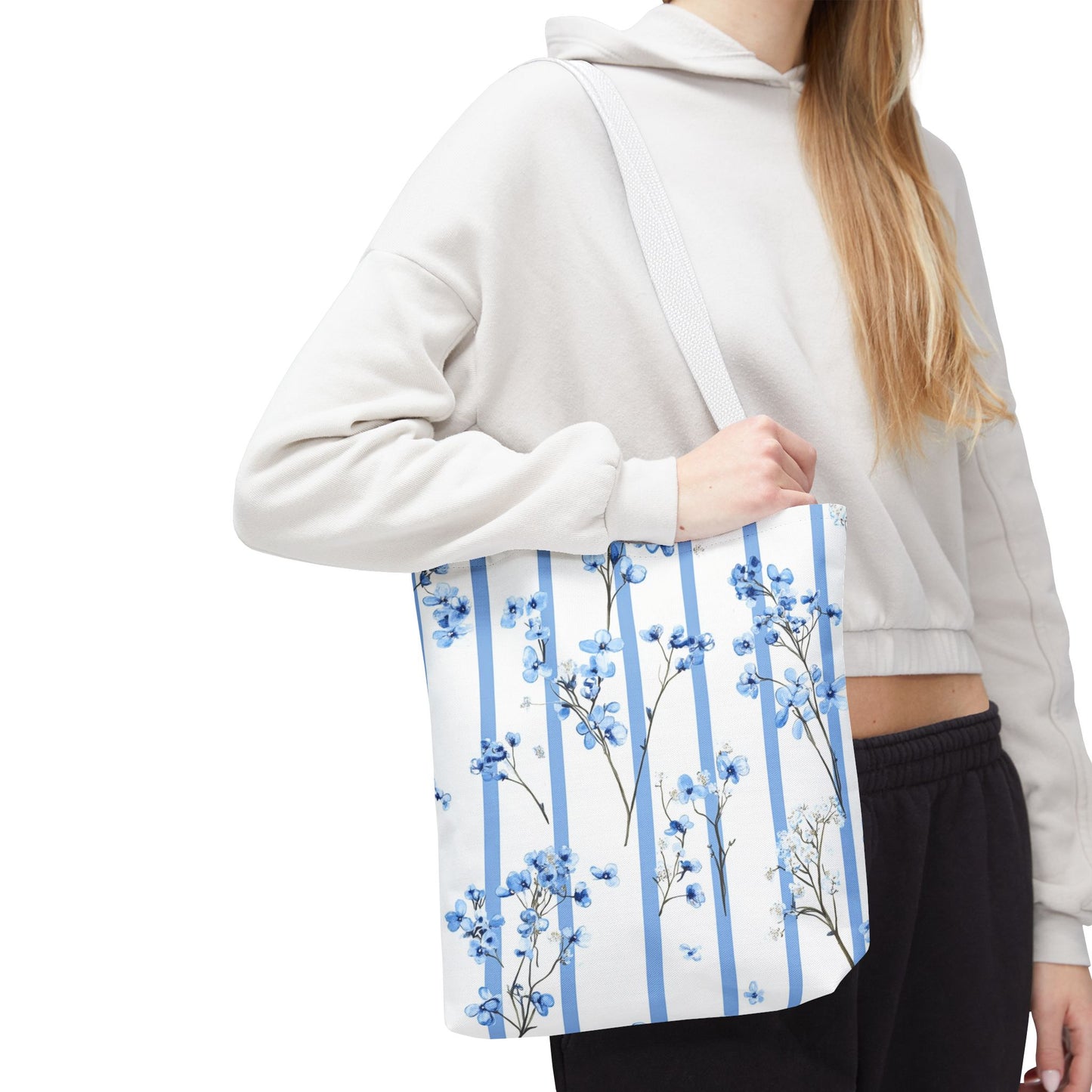 Floral Blue Striped Tote Bag - Stylish Beach Carryall, Reusable Grocery Tote, Gift for Her, Spring Floral Bag, Everyday Handbag