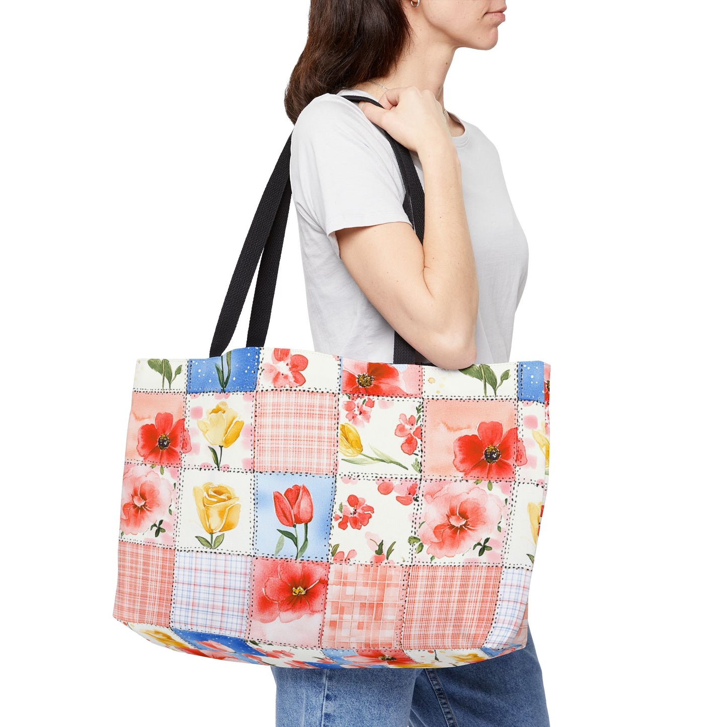 Floral Patchwork Weekender Tote Bag, Perfect for Travel, Beach, Picnics, Day Trips, and Weekend Getaways