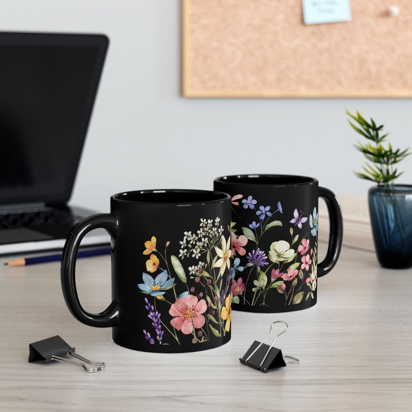 Floral Black Coffee Mug, Beautiful Flower Design, Gift for Plant Lovers, Eco-Friendly Mug, Perfect for Mother's Day, Birthday, Home Decor