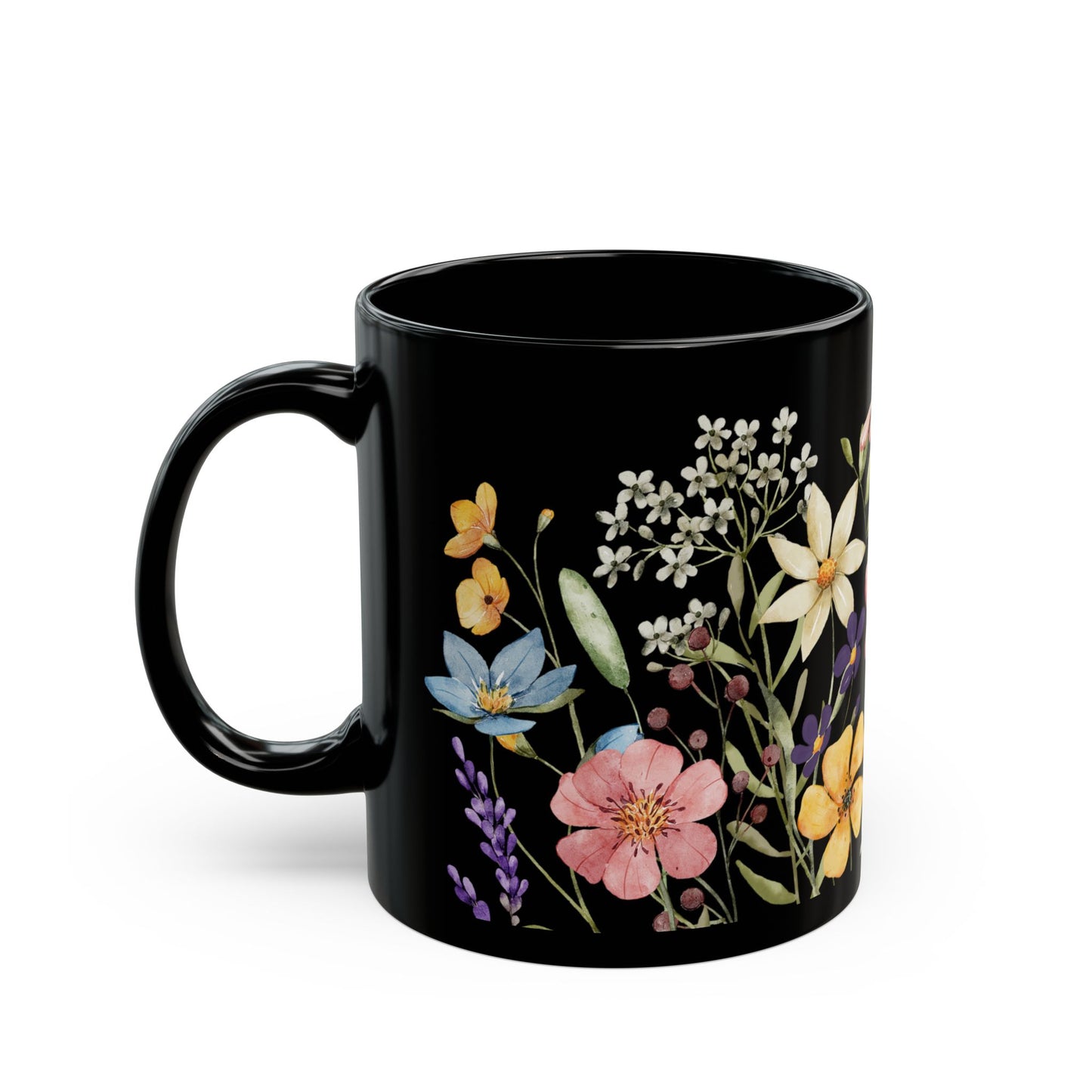 Floral Black Coffee Mug, Beautiful Flower Design, Gift for Plant Lovers, Eco-Friendly Mug, Perfect for Mother's Day, Birthday, Home Decor