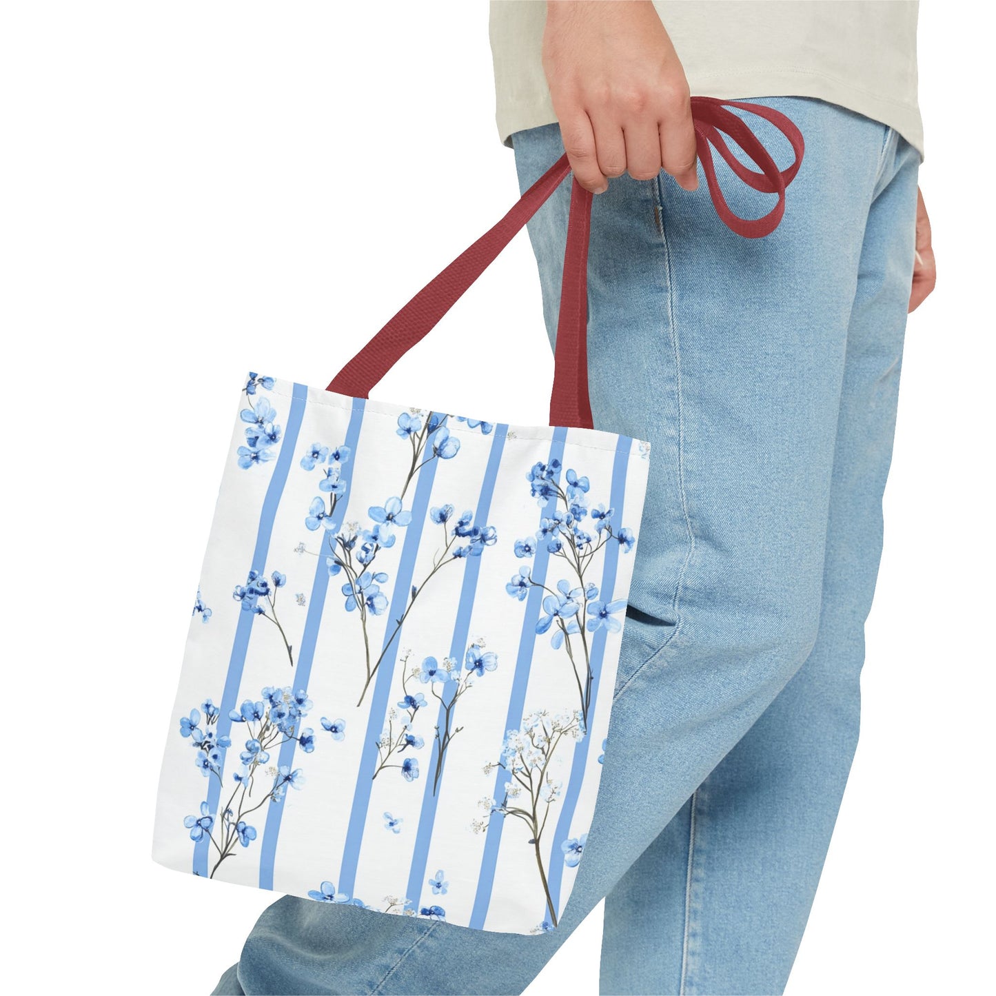 Floral Blue Striped Tote Bag - Stylish Beach Carryall, Reusable Grocery Tote, Gift for Her, Spring Floral Bag, Everyday Handbag