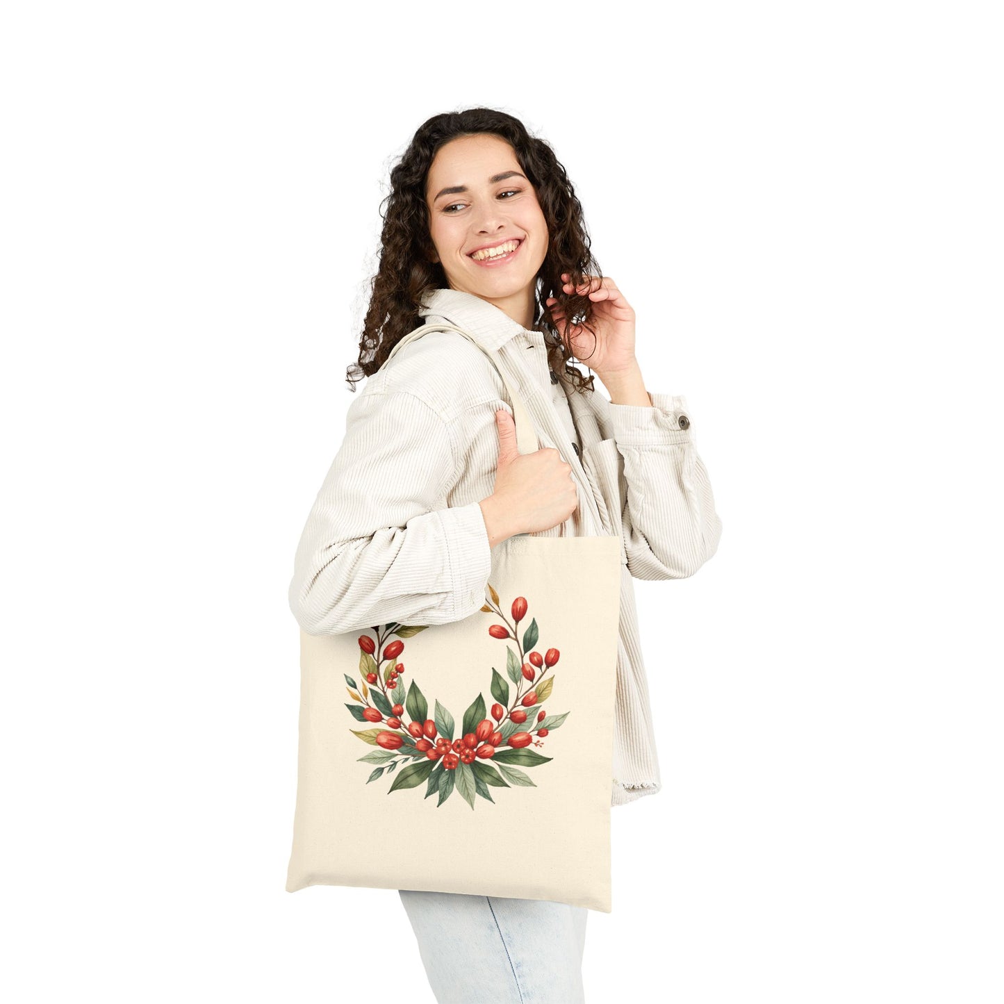 Festive Wreath Cotton Canvas Tote Bag, Holiday Shopping, Eco-Friendly Gift, Floral Design, Reusable Grocery Tote