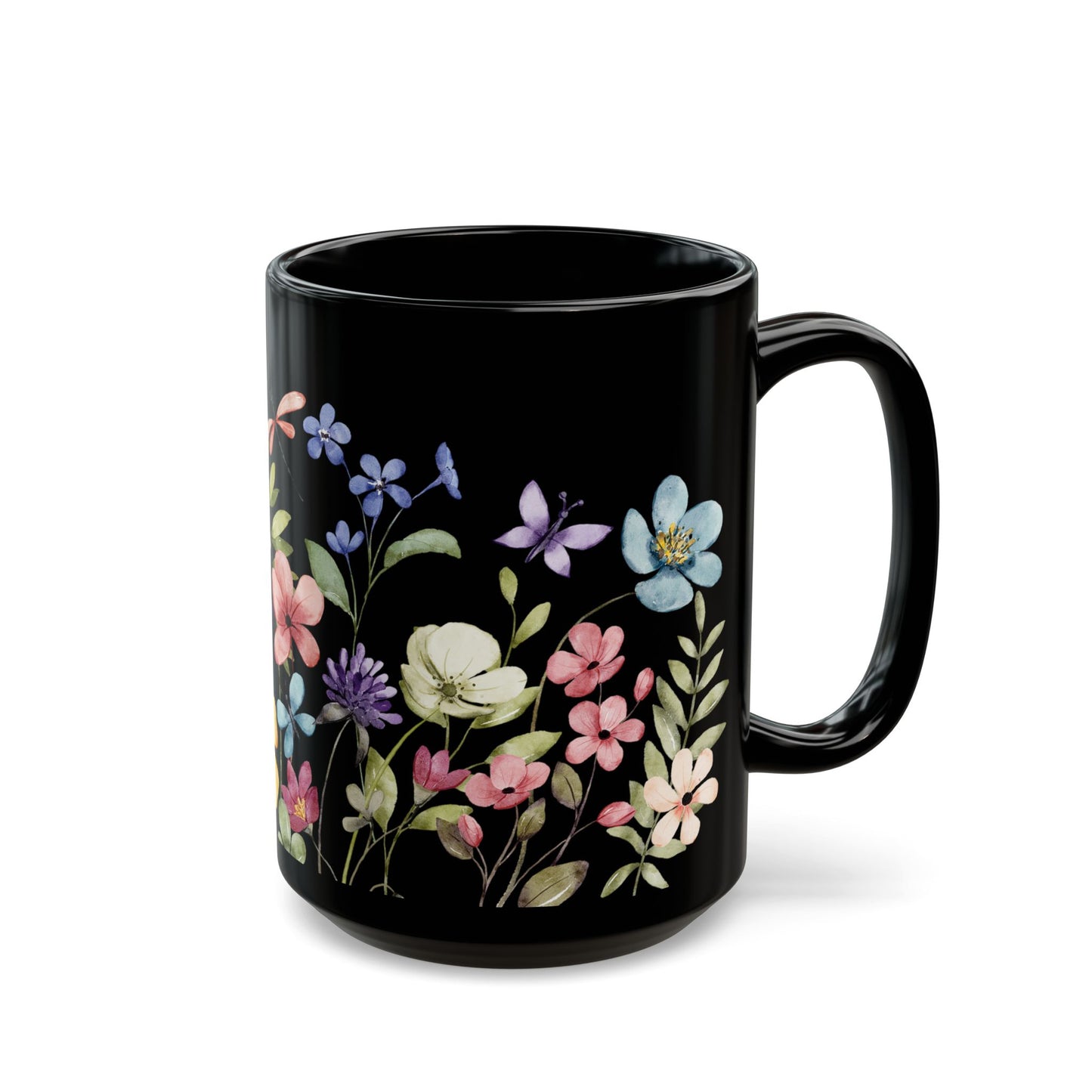 Floral Black Coffee Mug, Beautiful Flower Design, Gift for Plant Lovers, Eco-Friendly Mug, Perfect for Mother's Day, Birthday, Home Decor