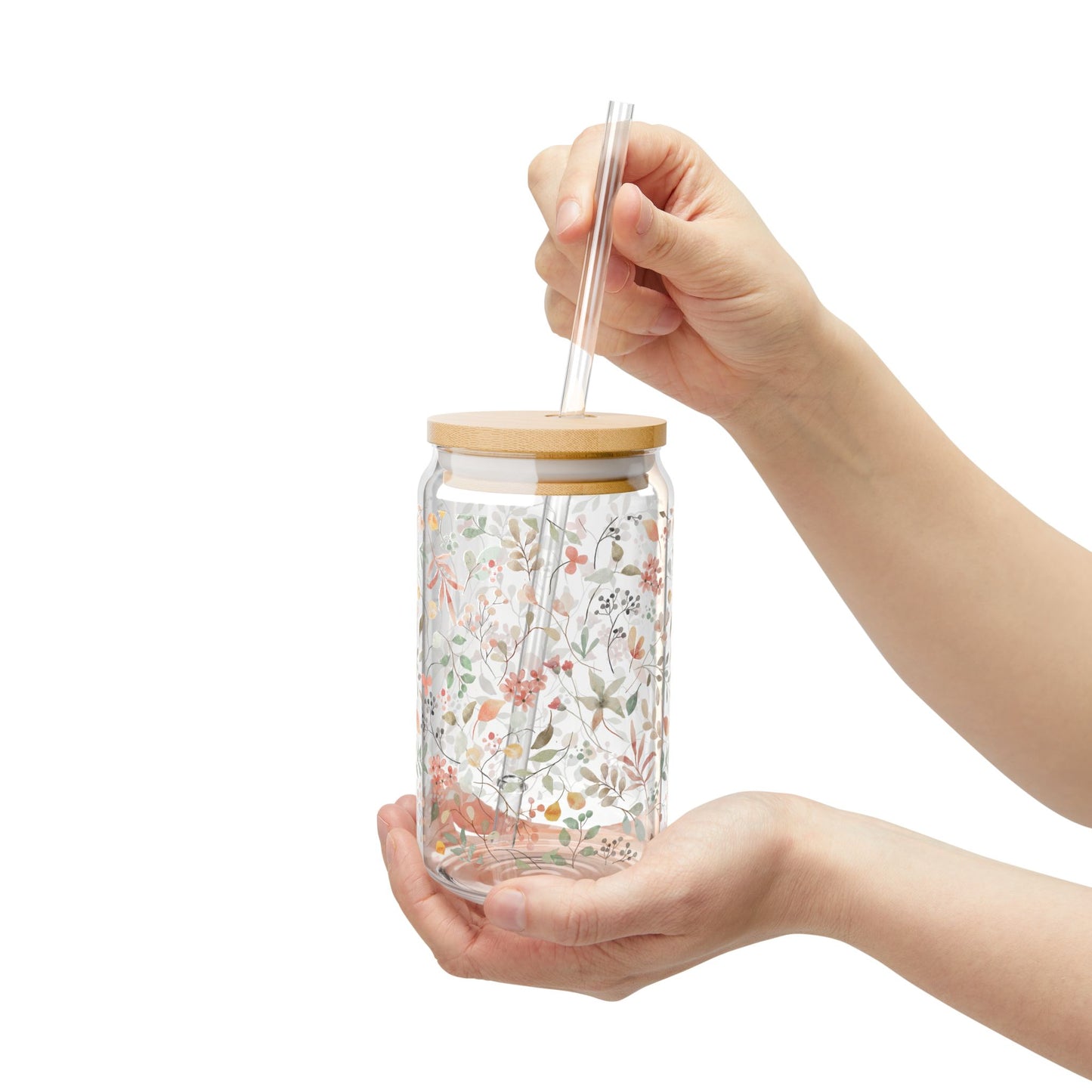 Floral Sipper Glass, 16oz Water Bottle, Eco-Friendly Drinkware, Botanical Straw Jar, Gift for Garden Lovers, Party Essential