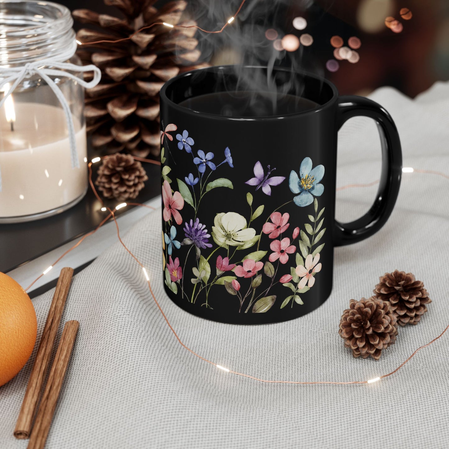 Floral Black Coffee Mug, Beautiful Flower Design, Gift for Plant Lovers, Eco-Friendly Mug, Perfect for Mother's Day, Birthday, Home Decor