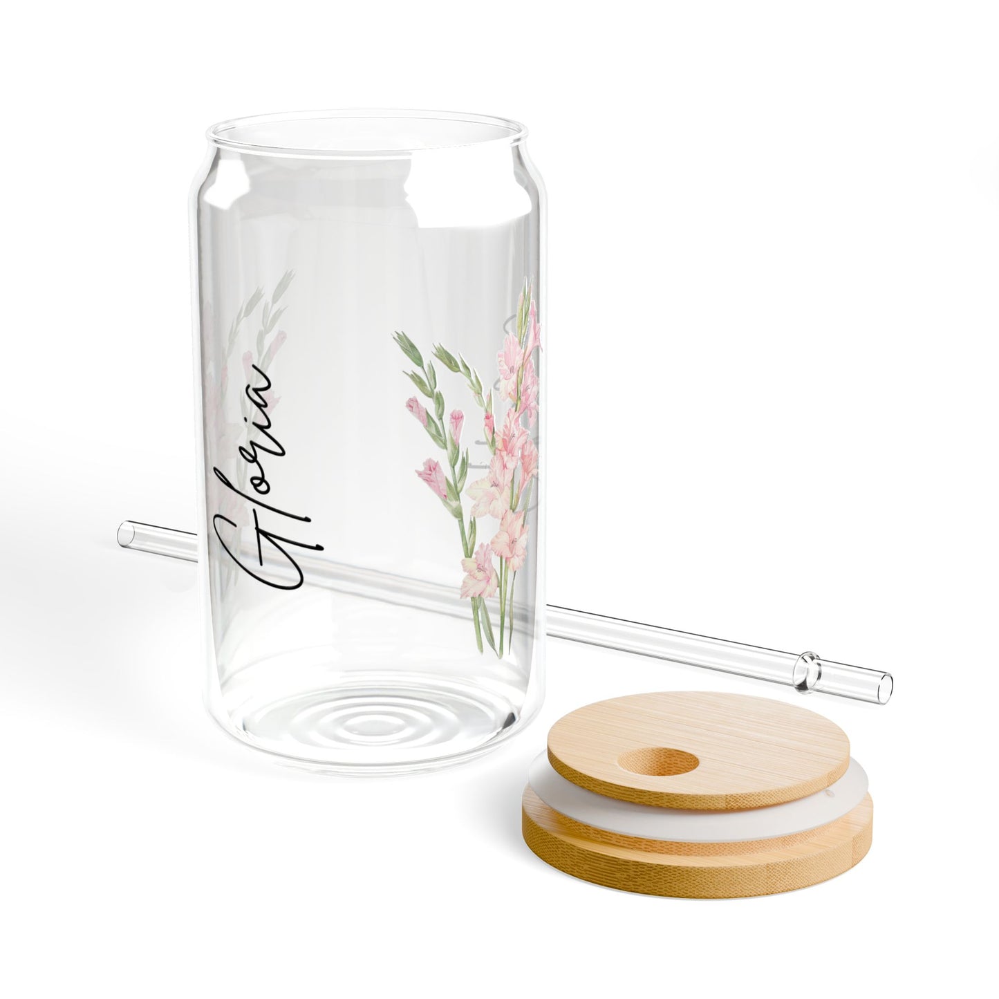 Floral Sipper Glass, Personalized Drinkware, Eco-friendly Beverage Container, Gift for Her, Summer Coolers, Wedding Favors, Floral Decor