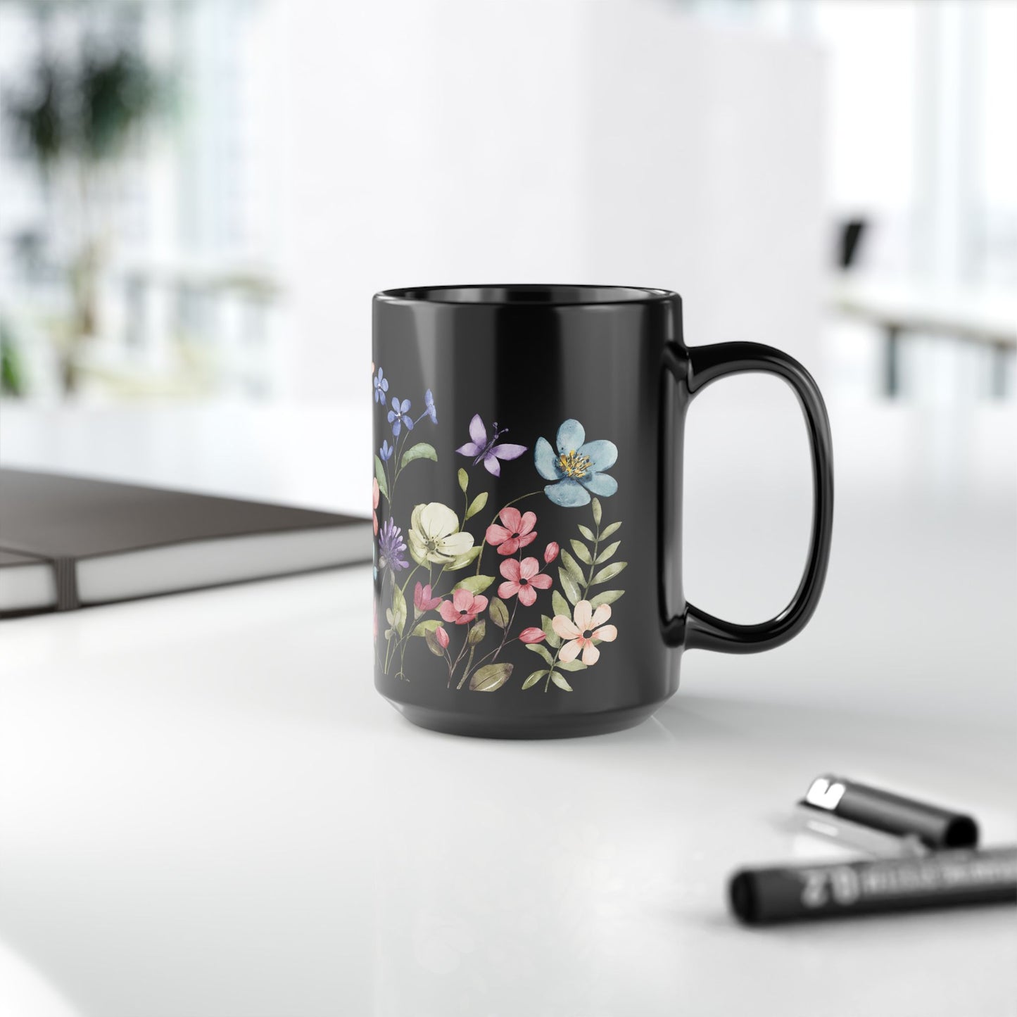 Floral Black Coffee Mug, Beautiful Flower Design, Gift for Plant Lovers, Eco-Friendly Mug, Perfect for Mother's Day, Birthday, Home Decor