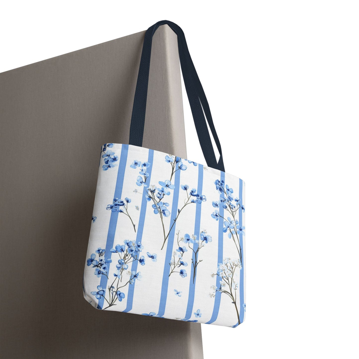 Floral Blue Striped Tote Bag - Stylish Beach Carryall, Reusable Grocery Tote, Gift for Her, Spring Floral Bag, Everyday Handbag