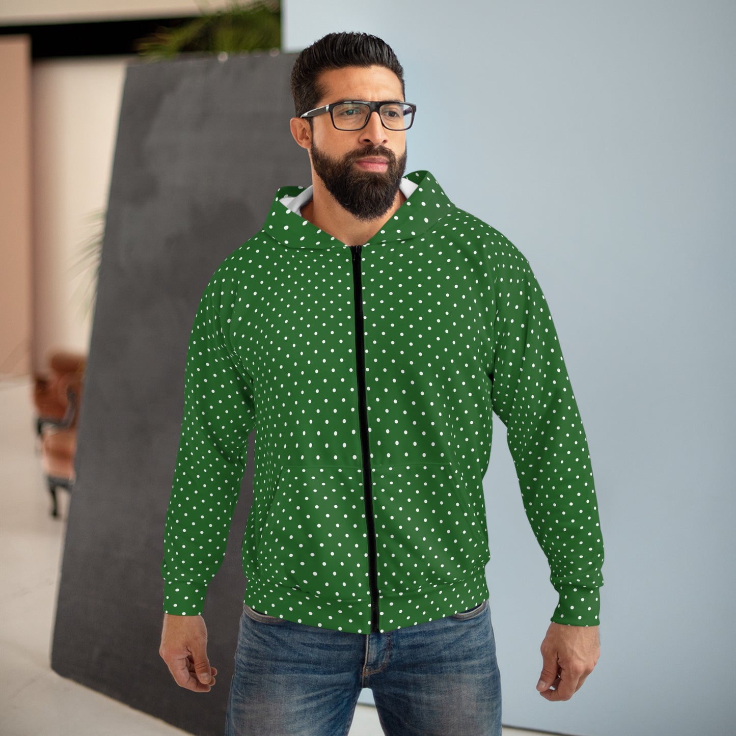 Festive Polka Dot Hoodie for Cozy Days, Unisex Zip Hoodie, Holiday Gift, Winter Wear, Casual Comfort, Celebrate in Style