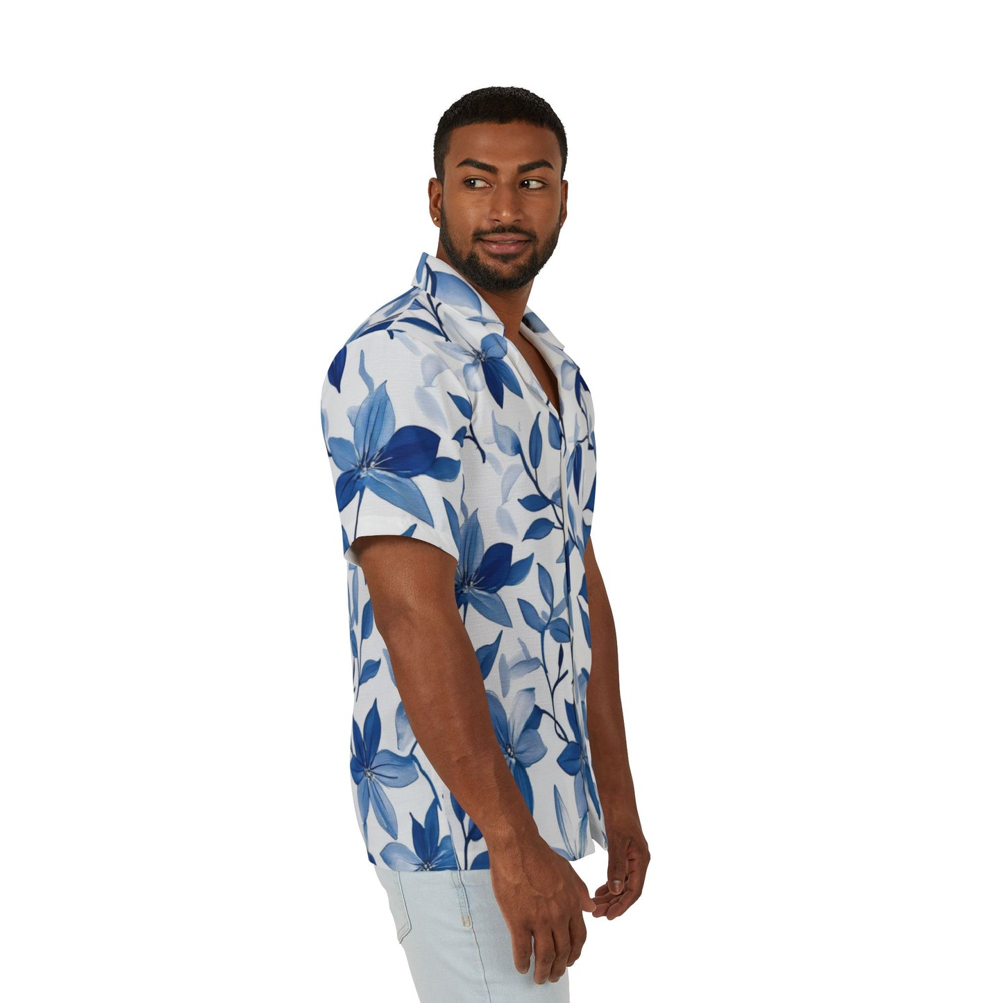 Blue Floral Men's Hawaiian Camp Shirt - Summer Vibes, Beachwear, Vacation Essentials, Casual & Tropical Apparel