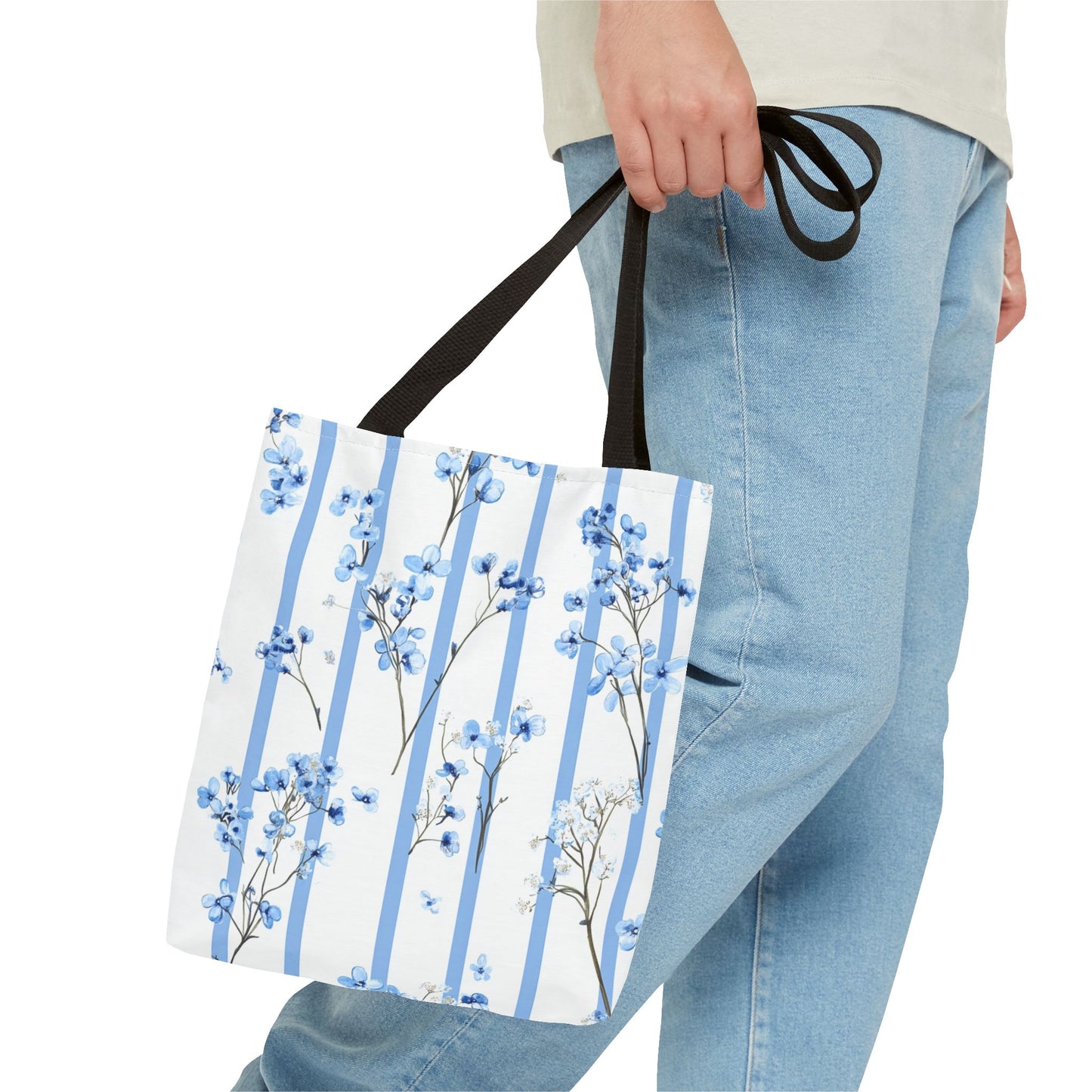 Floral Blue Striped Tote Bag - Stylish Beach Carryall, Reusable Grocery Tote, Gift for Her, Spring Floral Bag, Everyday Handbag