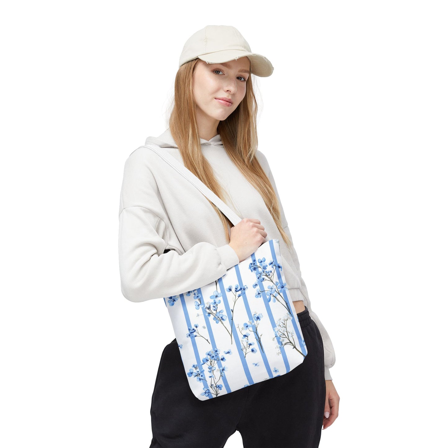 Floral Blue Striped Tote Bag - Stylish Beach Carryall, Reusable Grocery Tote, Gift for Her, Spring Floral Bag, Everyday Handbag