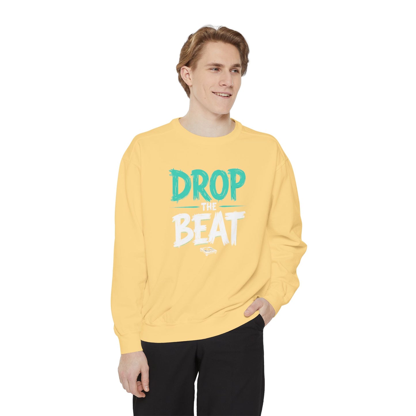 Drop the Beat Sweatshirt, Cozy Music Sweatshirt, Unisex Graphic Apparel, Perfect for Concerts, Unique Gift for Music Lovers