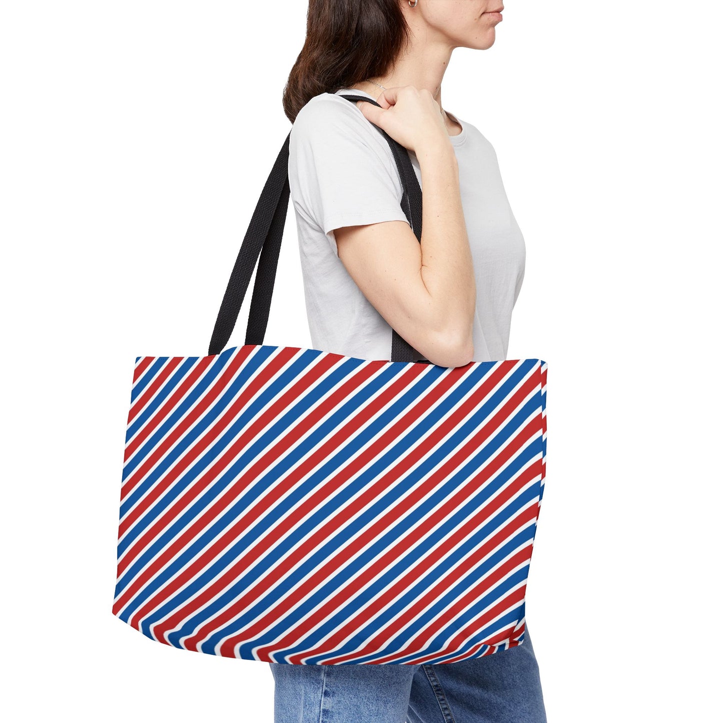 Patriotic Striped Weekender Tote Bag, Beach Bag, Travel Tote, Patterned Carryall, Gift for Her, Summer Vacation Accessories