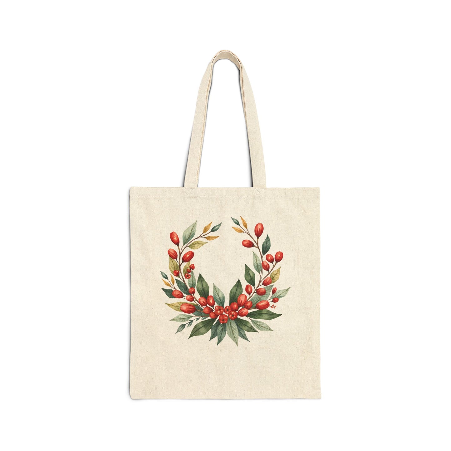 Festive Wreath Cotton Canvas Tote Bag, Holiday Shopping, Eco-Friendly Gift, Floral Design, Reusable Grocery Tote