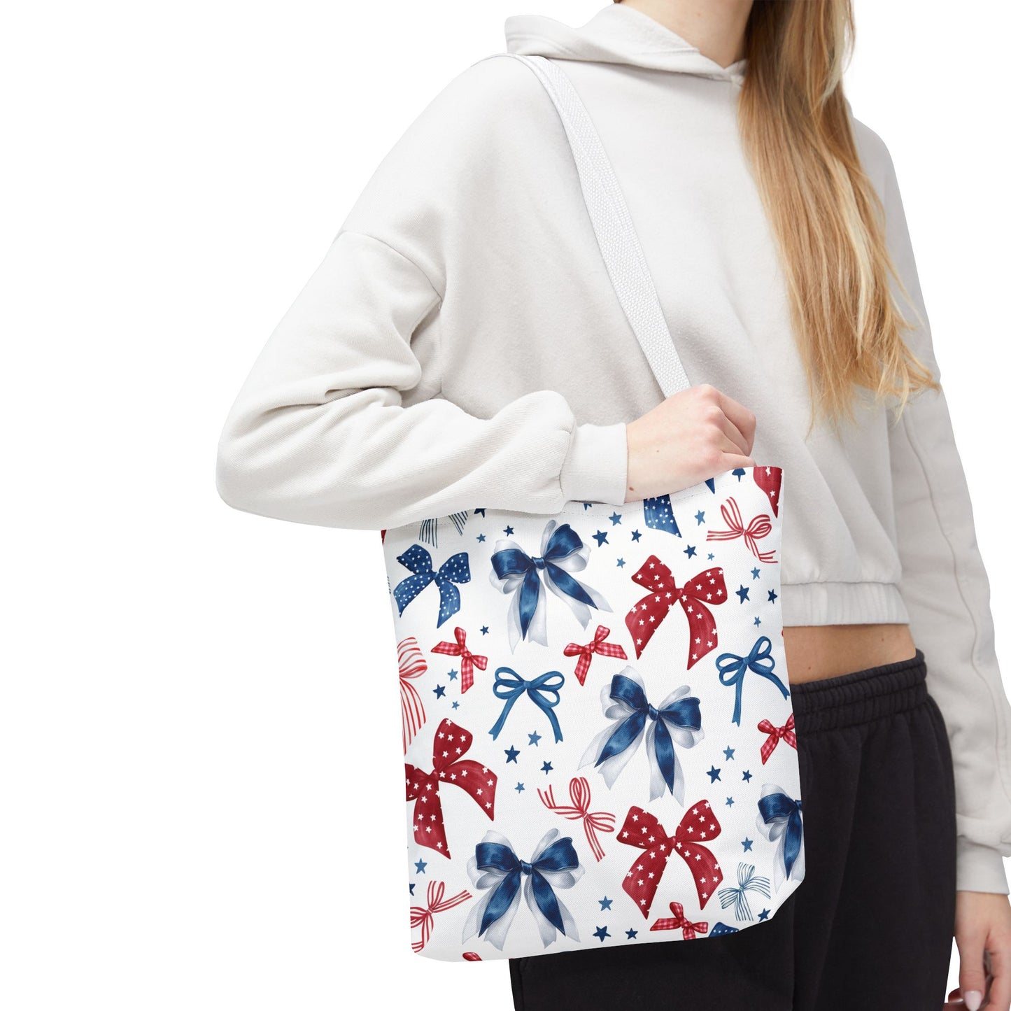 Patriotic Tote Bag with Bows, Versatile Shopping Bag, Holiday Gift Tote, Stylish All-Purpose Bag, Independence Day Accessory, Gift for Her