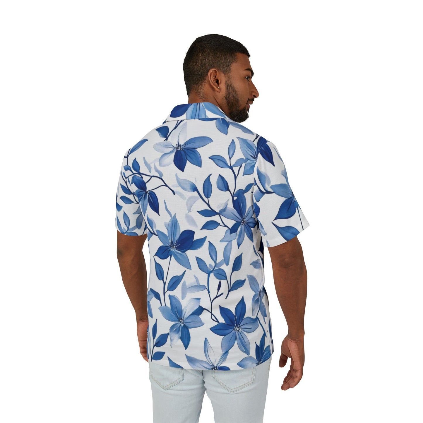 Blue Floral Men's Hawaiian Camp Shirt - Summer Vibes, Beachwear, Vacation Essentials, Casual & Tropical Apparel