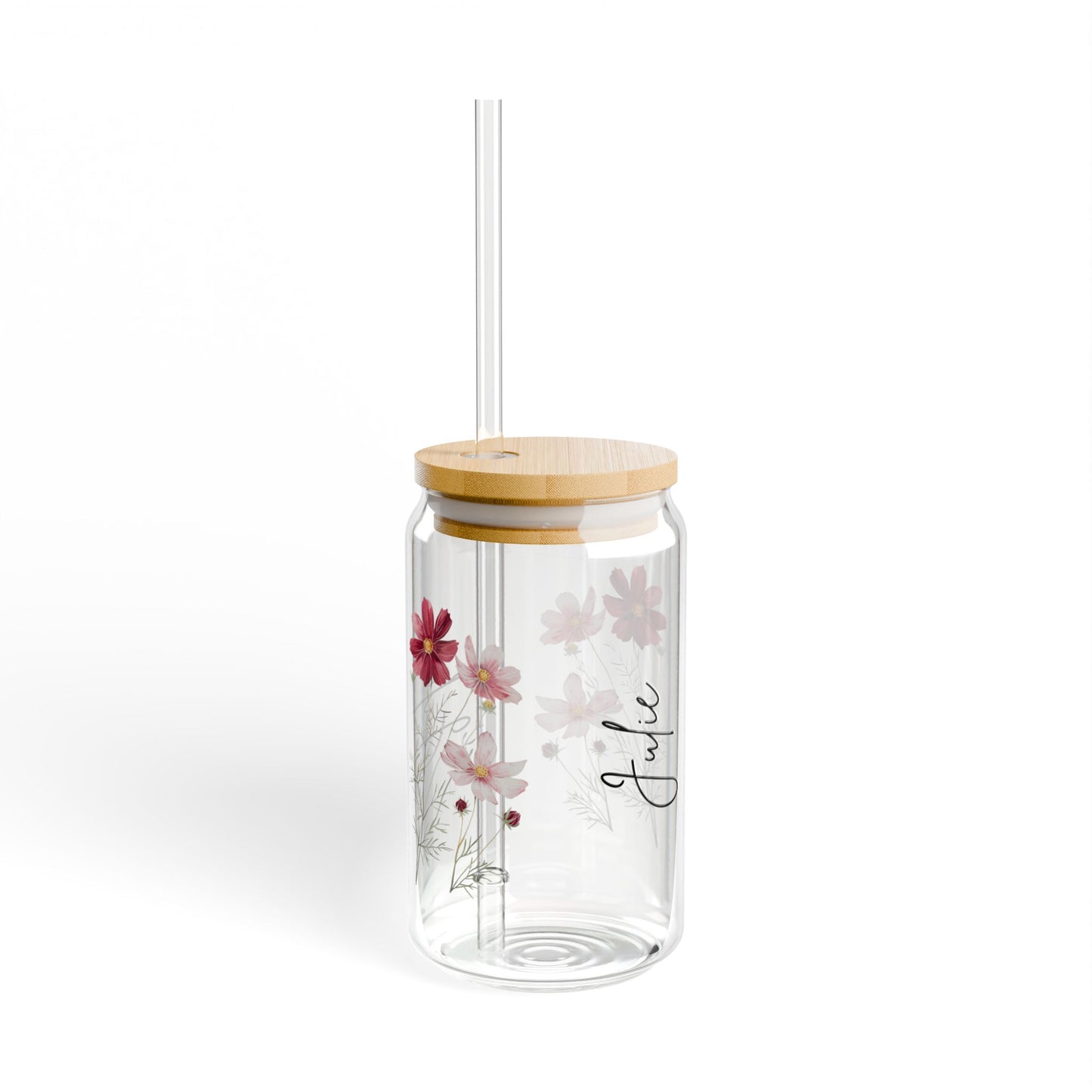 Floral Sipper Glass with Bamboo Lid, Eco-Friendly Drinkware for Summer, Personalized Beverage Jar for Gifts, Reusable Glass, Party Favor