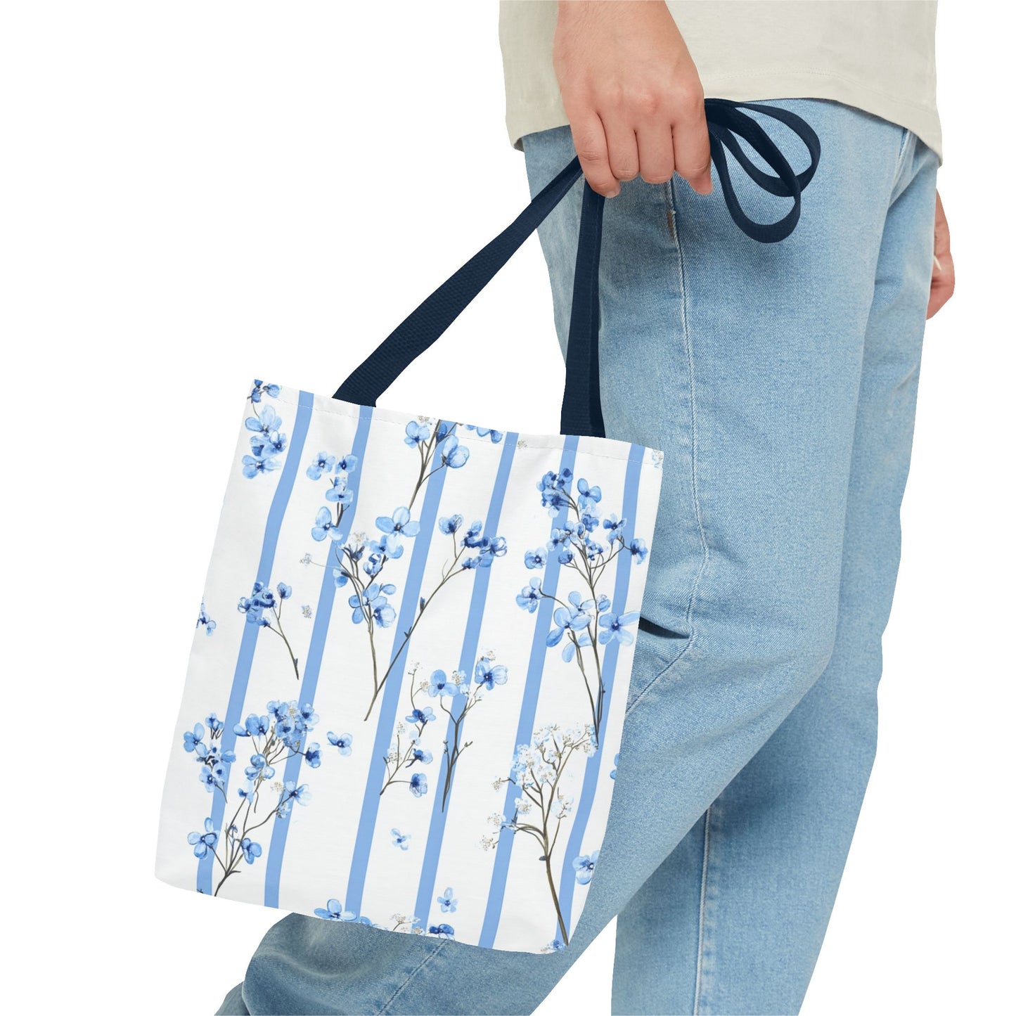 Floral Blue Striped Tote Bag - Stylish Beach Carryall, Reusable Grocery Tote, Gift for Her, Spring Floral Bag, Everyday Handbag