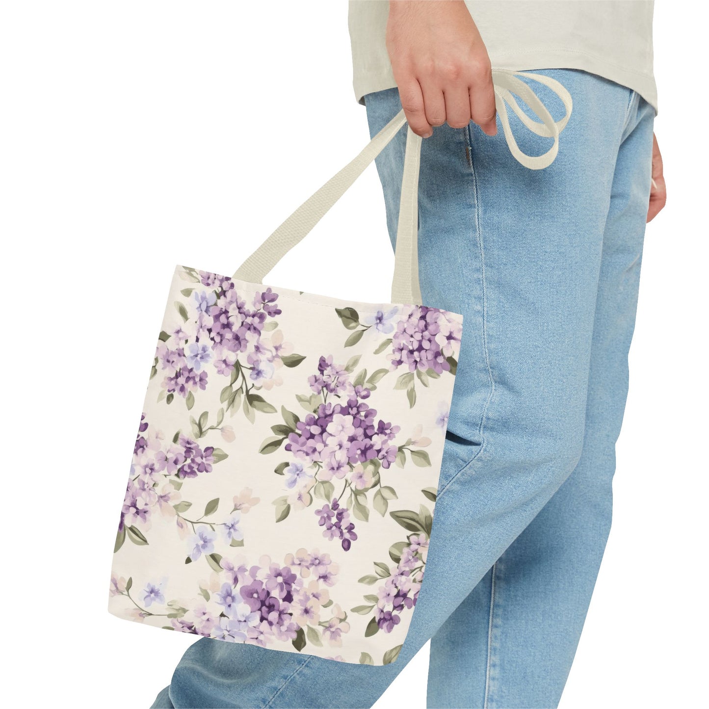 Floral Tote Bag, AOP Shopping Bag, Eco-Friendly Tote, Purple Flower Bag, Gift for Her, Reusable Market Bag, Spring Accessory
