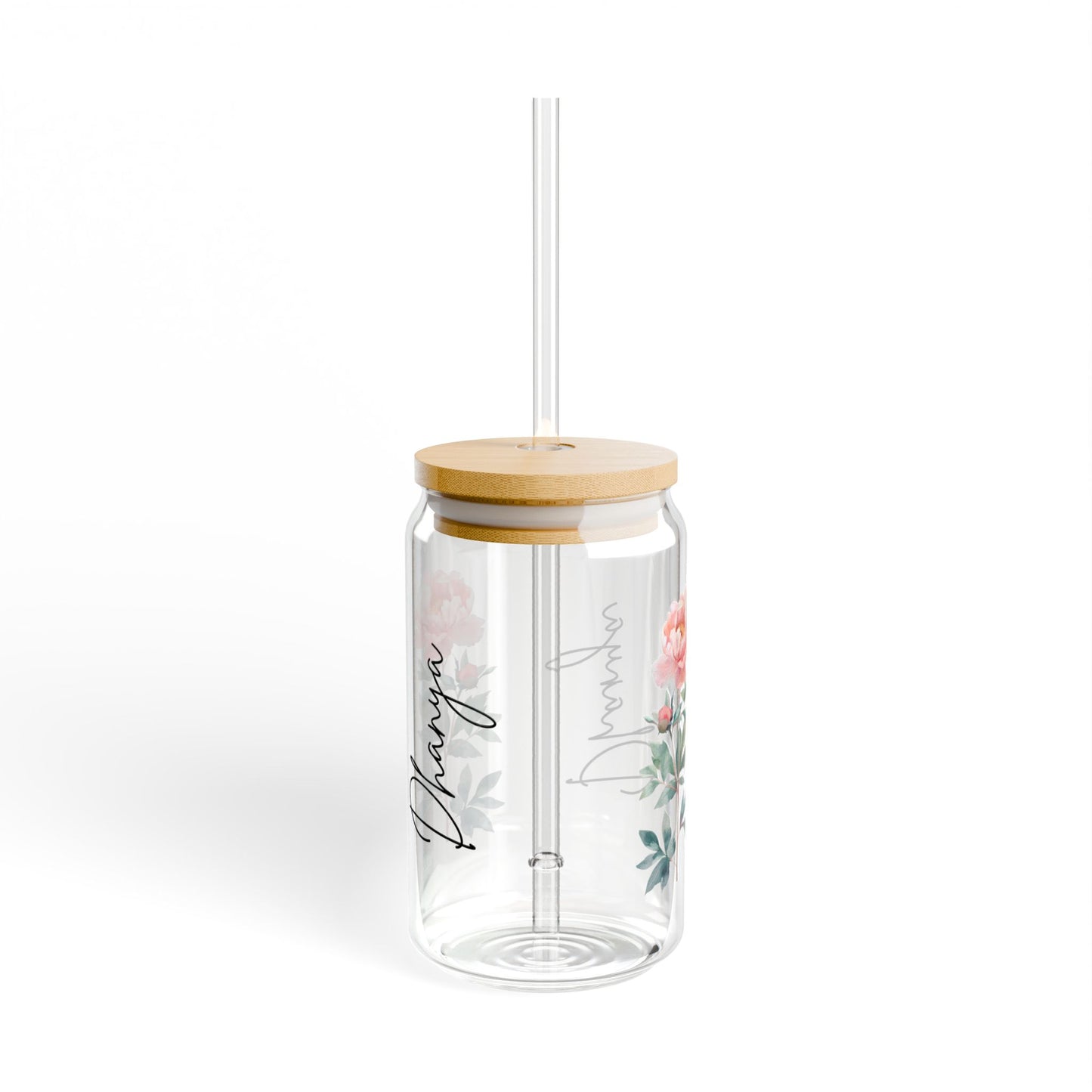 Floral Sipper Glass, Personalized Drinkware, 16oz Mason Jar, Elegant Floral Design, Eco-Friendly Straw, Perfect for Gift or Home
