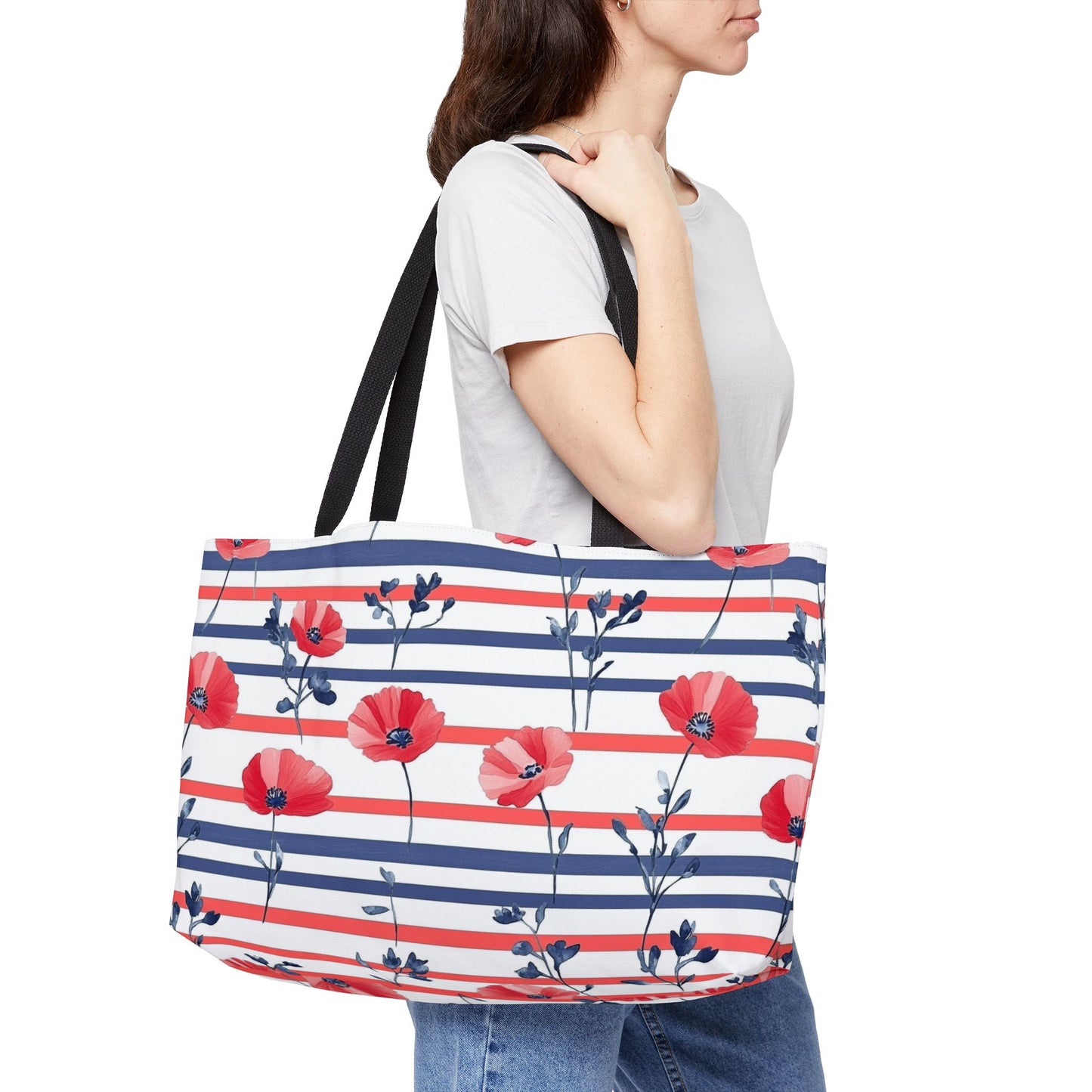 Floral Striped Weekender Tote Bag for Weekend Getaways, Travel Bag, Beach Bag, Stylish Tote, Summer Essentials