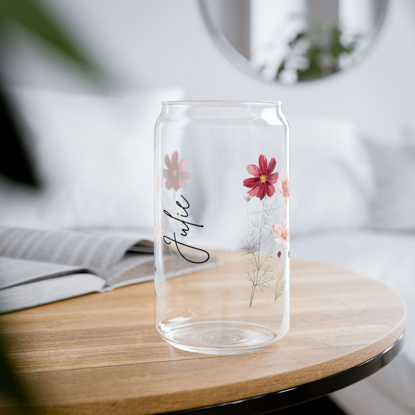 Floral Sipper Glass with Bamboo Lid, Eco-Friendly Drinkware for Summer, Personalized Beverage Jar for Gifts, Reusable Glass, Party Favor