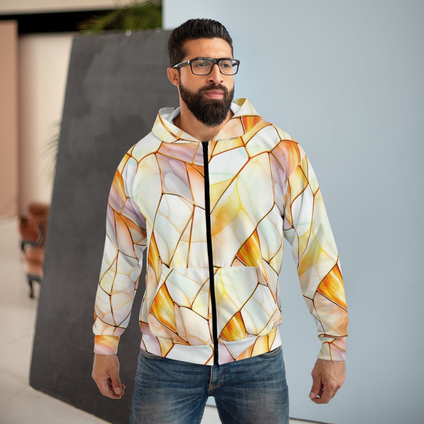 Stained Glass Unisex Zip Hoodie, Artistic Layered Zip-Up, Cozy Fashion, Unique Gift, Vibrant Design, Everyday Wear, Warm Essentials