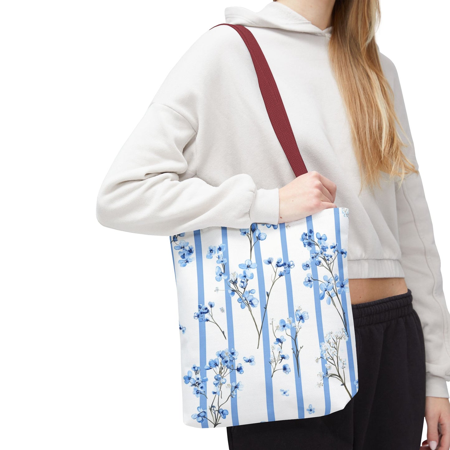 Floral Blue Striped Tote Bag - Stylish Beach Carryall, Reusable Grocery Tote, Gift for Her, Spring Floral Bag, Everyday Handbag