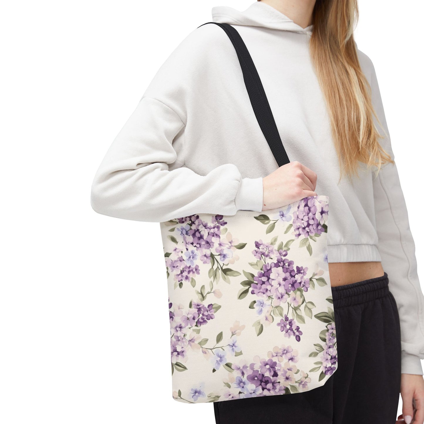 Floral Tote Bag, AOP Shopping Bag, Eco-Friendly Tote, Purple Flower Bag, Gift for Her, Reusable Market Bag, Spring Accessory
